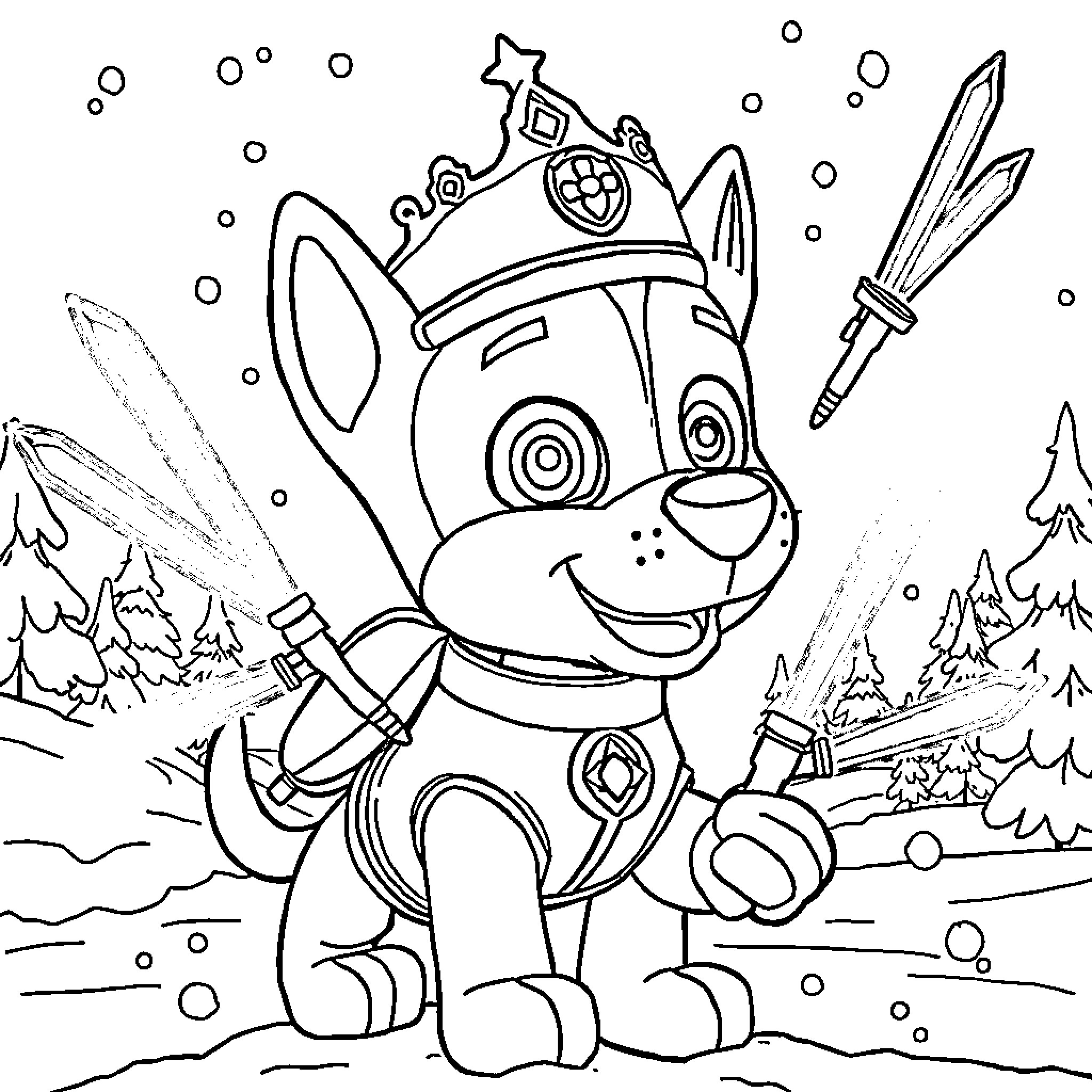 Chase the Heroic Pup's Winter Adventure Coloring Page (free black-and-white line drawing printable PDF for all, from beginners to advanced learners, including children, teens, adults, and seniors)