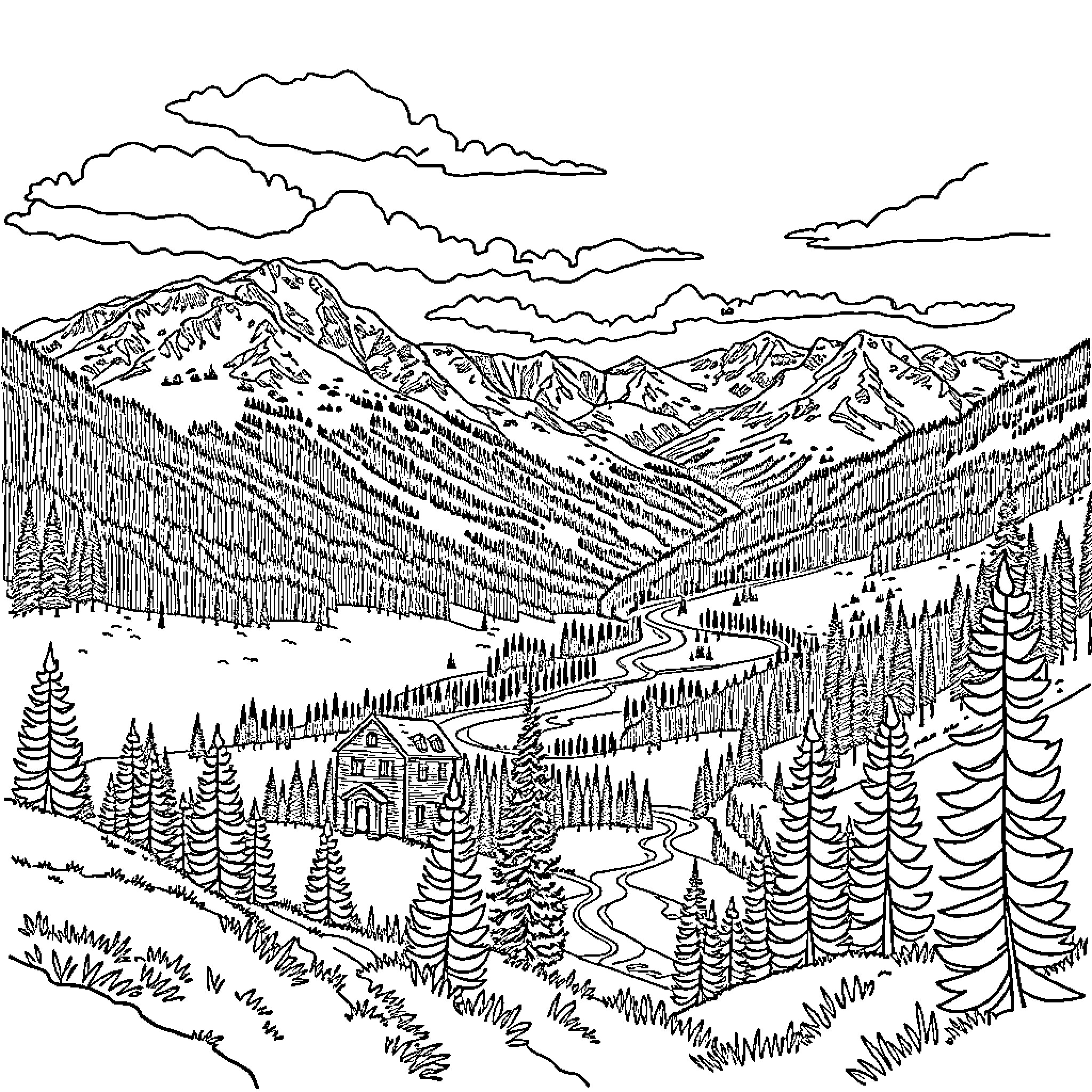 Telluride: Scenic Mountain Town Nestled in the Rockies Coloring Page (free black-and-white line drawing printable PDF for all, from beginners to advanced learners, including children, teens, adults, and seniors)