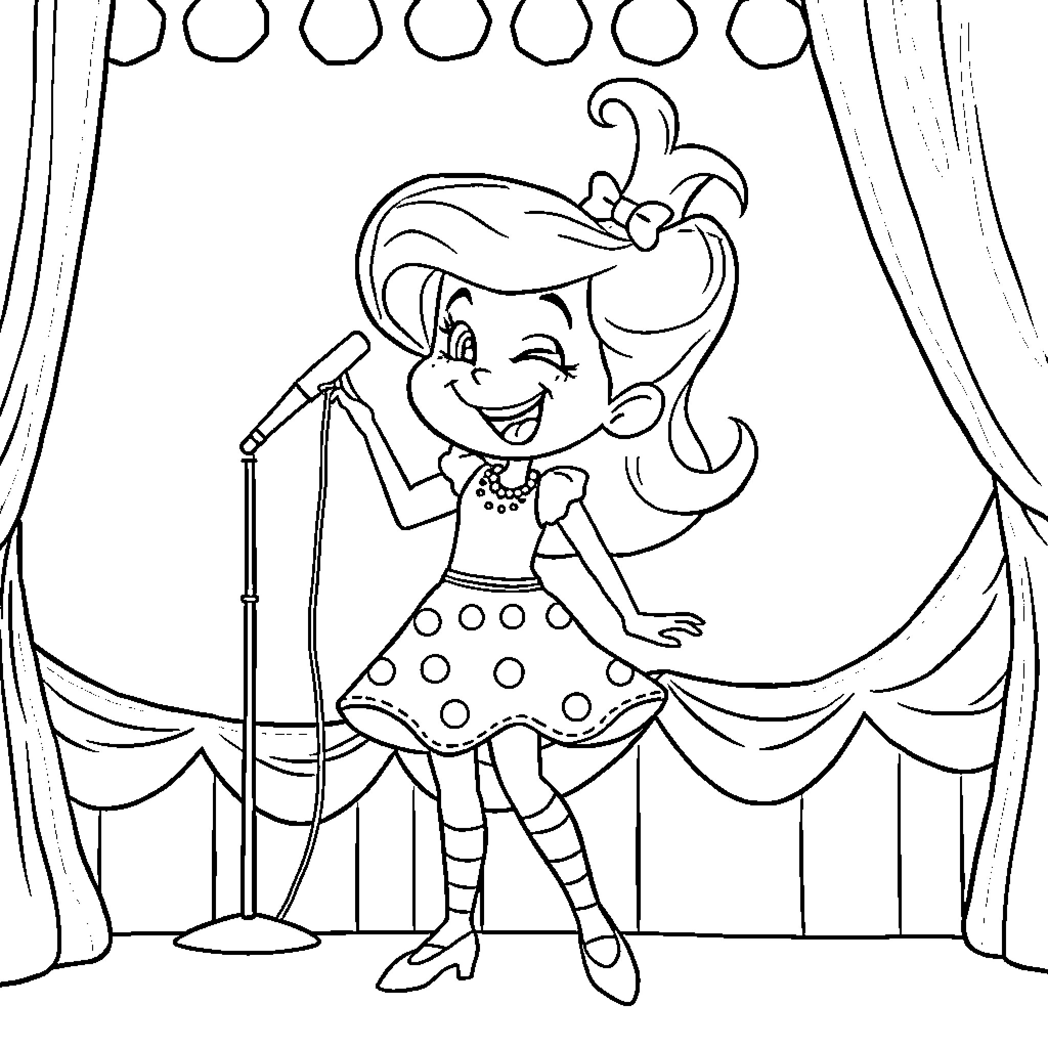 Cicciolina performing on stage with microphone Coloring Page (free black-and-white line drawing printable PDF for all, from beginners to advanced learners, including children, teens, adults, and seniors)