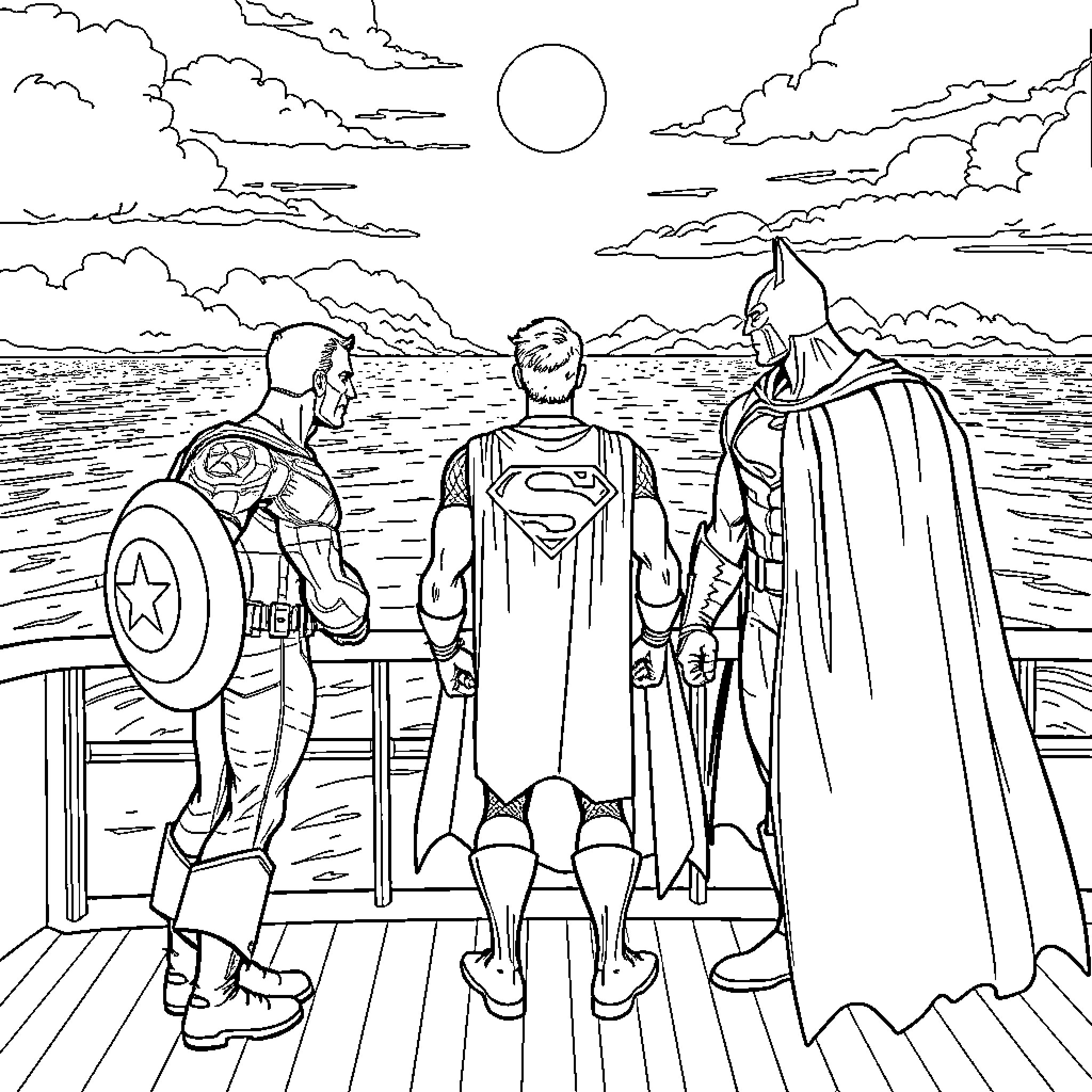 Superhero Team Standing on Coastal Pier Coloring Page (free black-and-white line drawing printable PDF for all, from beginners to advanced learners, including children, teens, adults, and seniors)