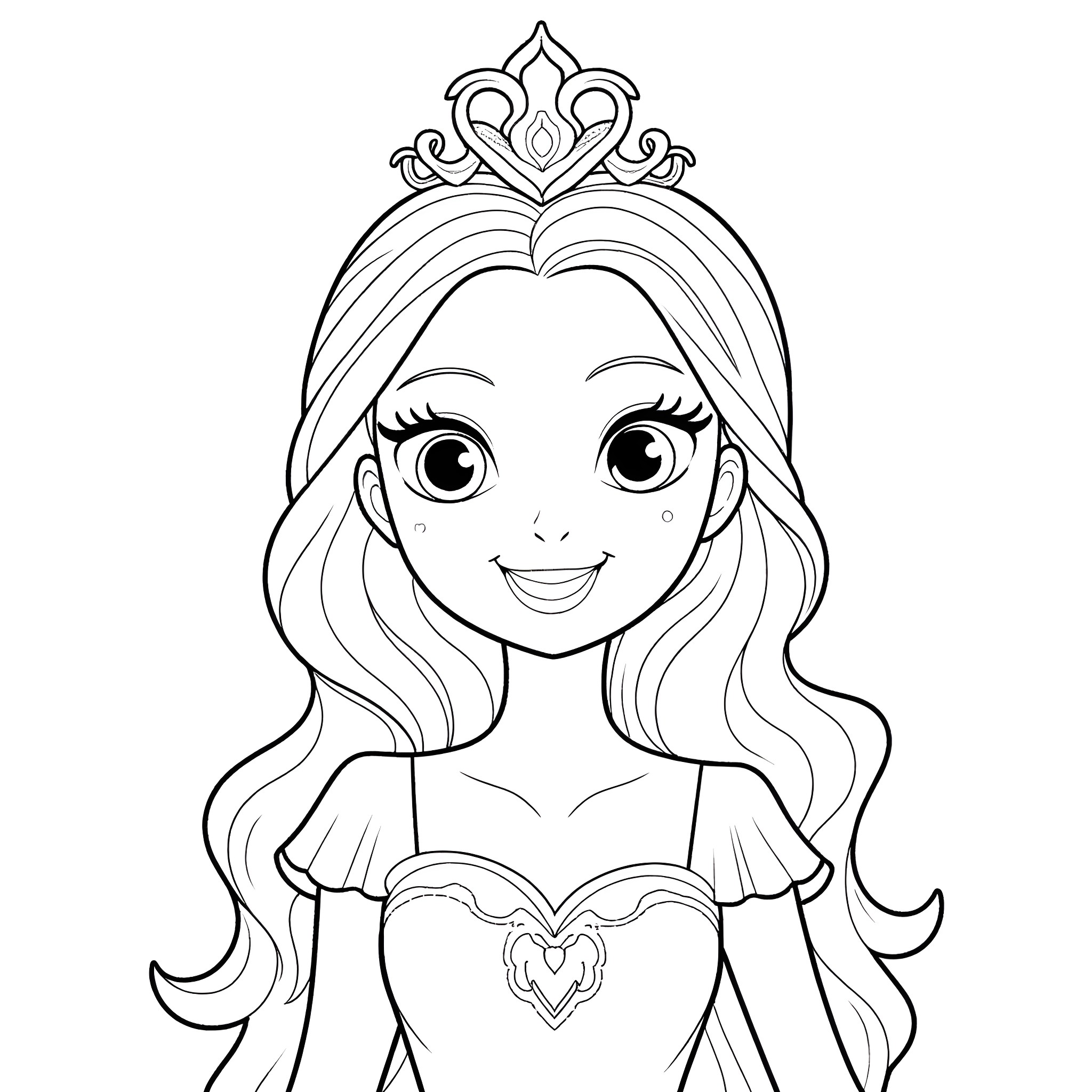 Princess with a Flowing Crown and Radiant Expression Coloring Page (free black-and-white line drawing printable PDF for all, from beginners to advanced learners, including children, teens, adults, and seniors)