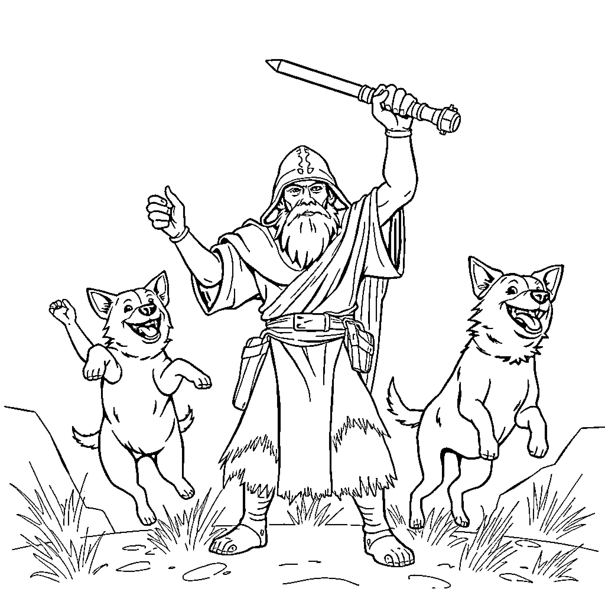 Tusken Raider leads pack of domesticated animals Coloring Page (free black-and-white line drawing printable PDF for all, from beginners to advanced learners, including children, teens, adults, and seniors)