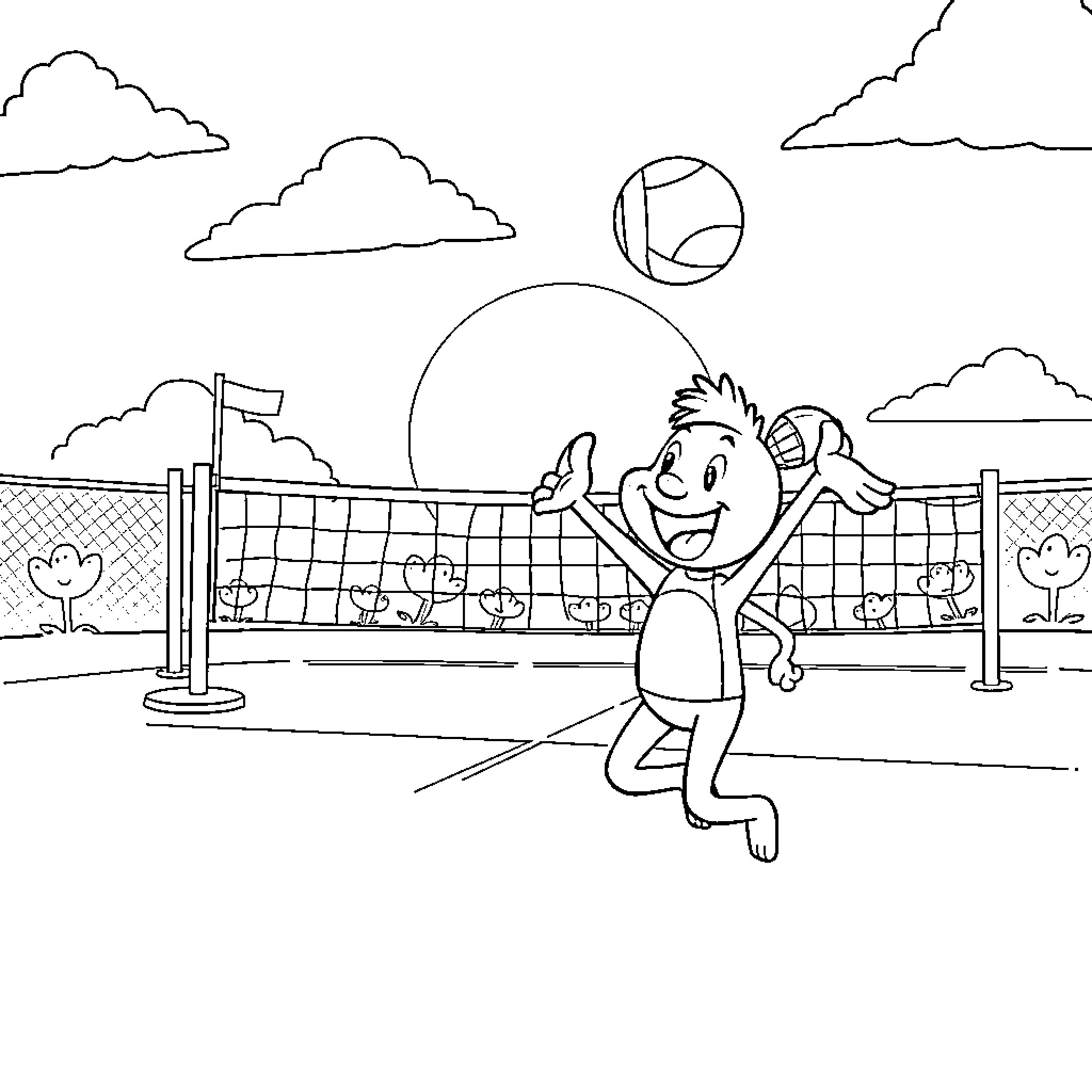 Bluey playing volleyball happily on the beach Coloring Page (free black-and-white line drawing printable PDF for all, from beginners to advanced learners, including children, teens, adults, and seniors)