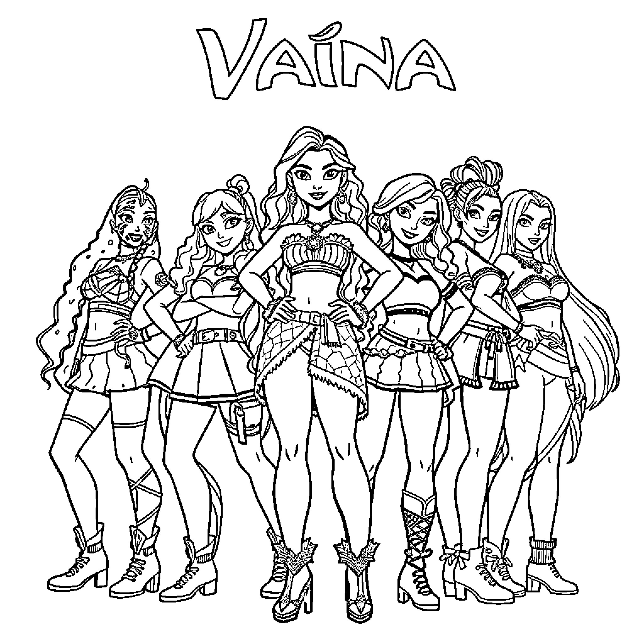 Vaiana and her fierce female friends in action Coloring Page (free black-and-white line drawing printable PDF for all, from beginners to advanced learners, including children, teens, adults, and seniors)