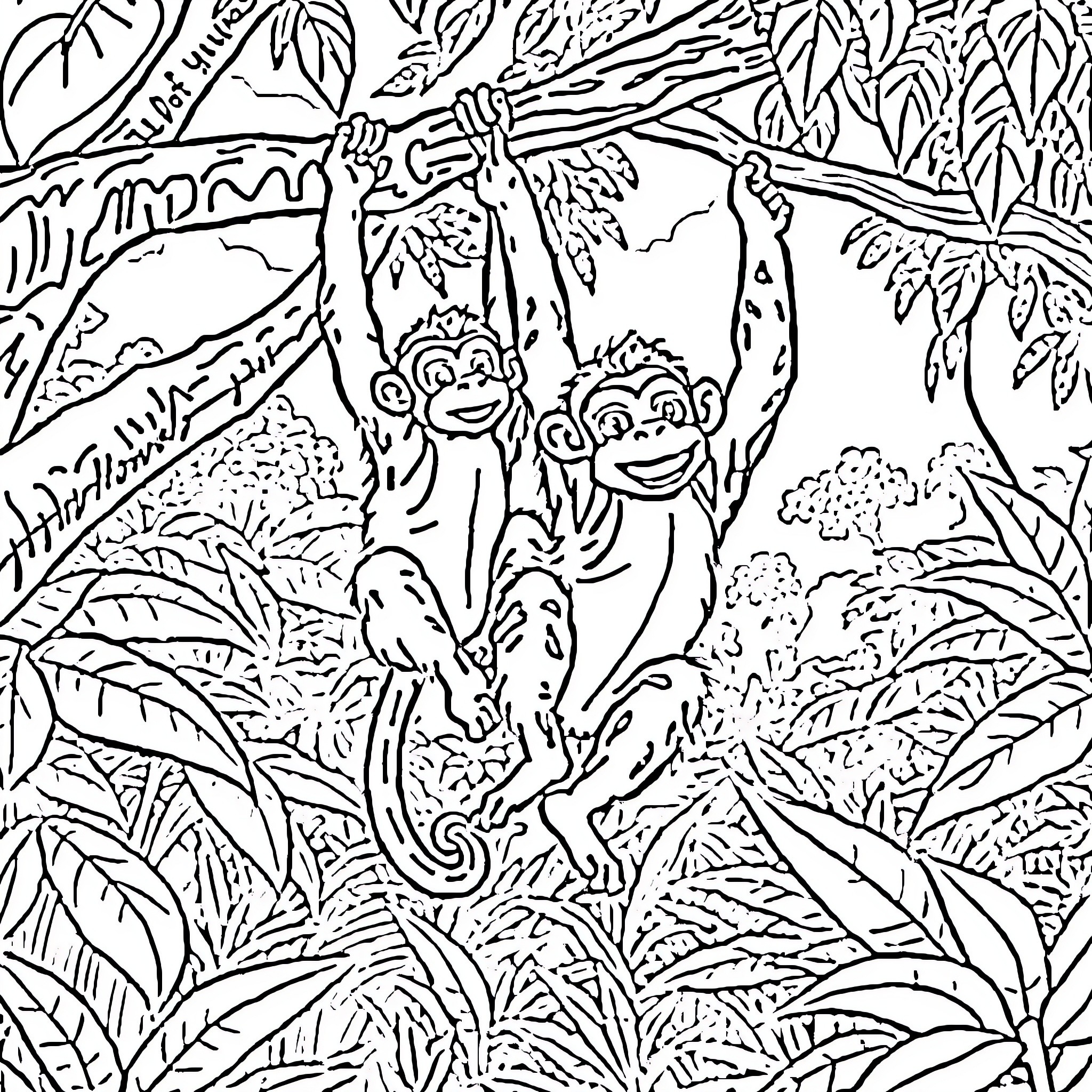 Monkeys swinging playfully in jungle canopy Coloring Page (free black-and-white line drawing printable PDF for all, from beginners to advanced learners, including children, teens, adults, and seniors)