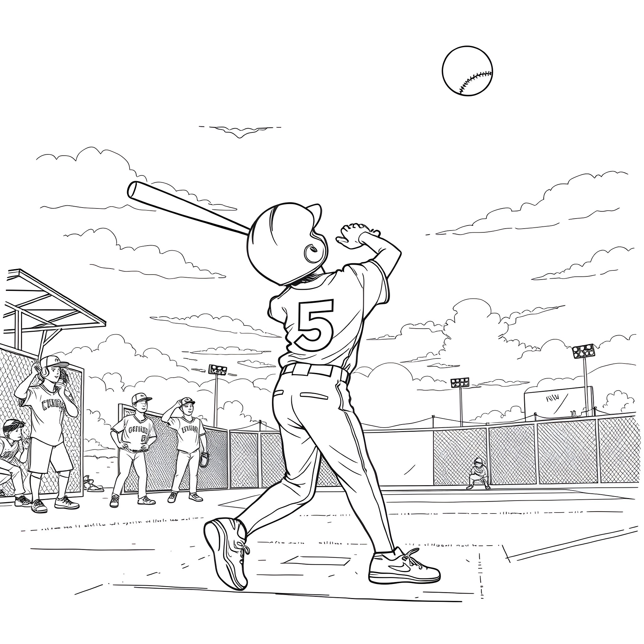 Kid playing baseball on the field Coloring Page (free black-and-white line drawing printable PDF for all, from beginners to advanced learners, including children, teens, adults, and seniors)