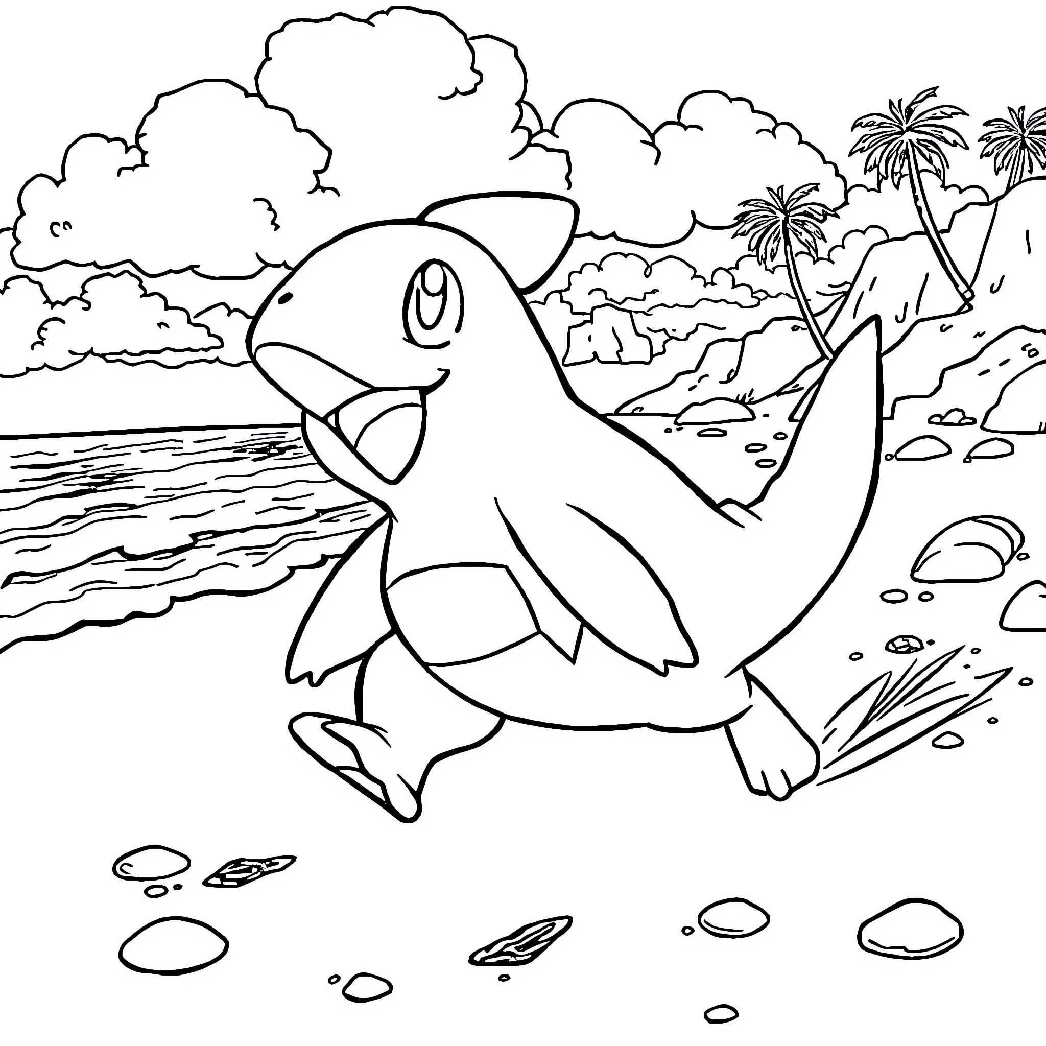 Tiplouf exploring the tropical beach scenery Coloring Page (free black-and-white line drawing printable PDF for all, from beginners to advanced learners, including children, teens, adults, and seniors)
