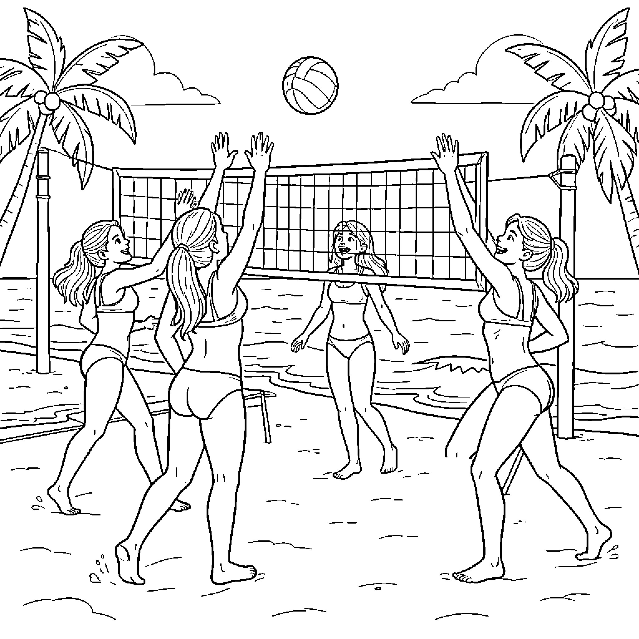Volleyball players competing in a game on the beach Coloring Page (free black-and-white line drawing printable PDF for all, from beginners to advanced learners, including children, teens, adults, and seniors)
