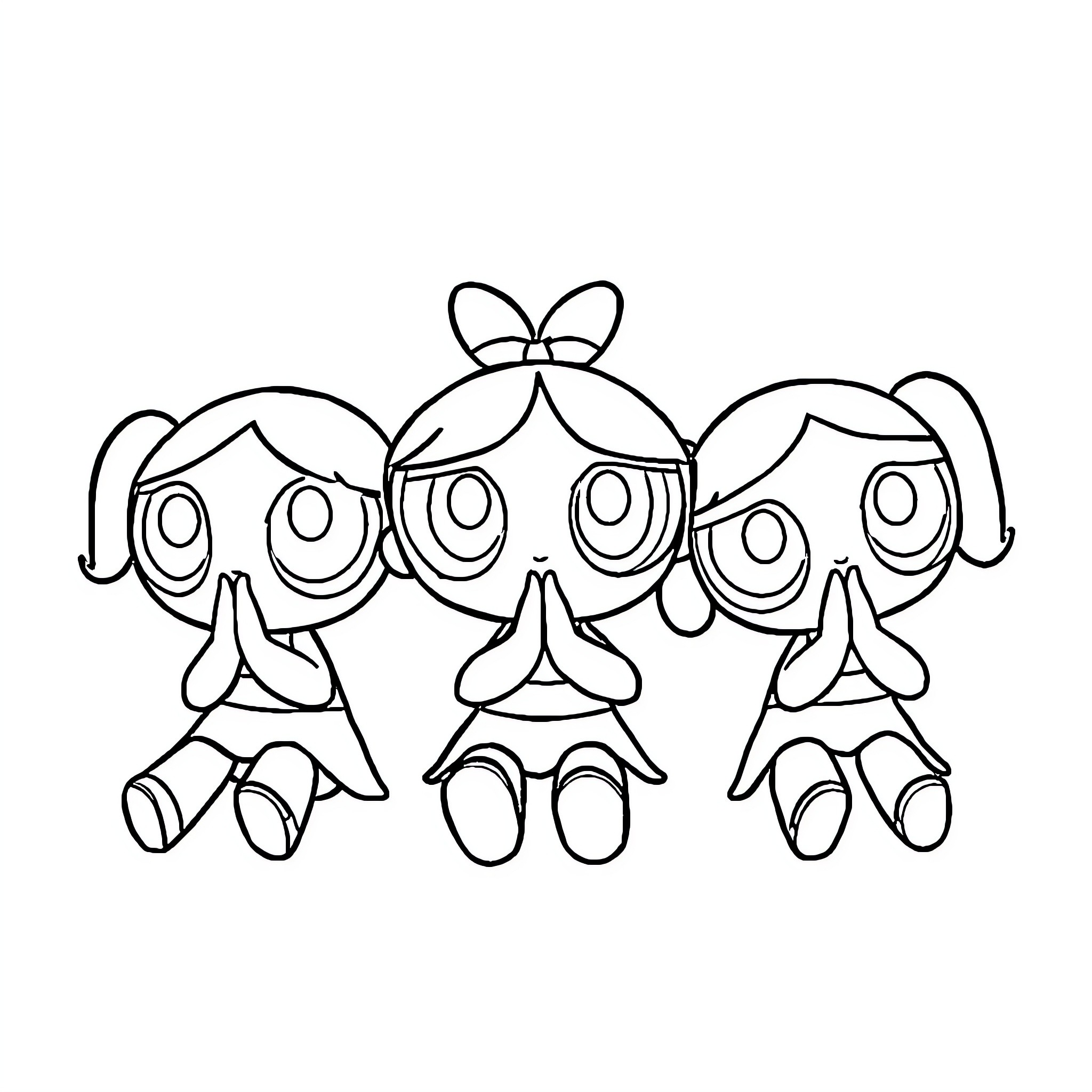 Power Puff Girls in Action Poses Coloring Page (free black-and-white line drawing printable PDF for all, from beginners to advanced learners, including children, teens, adults, and seniors)