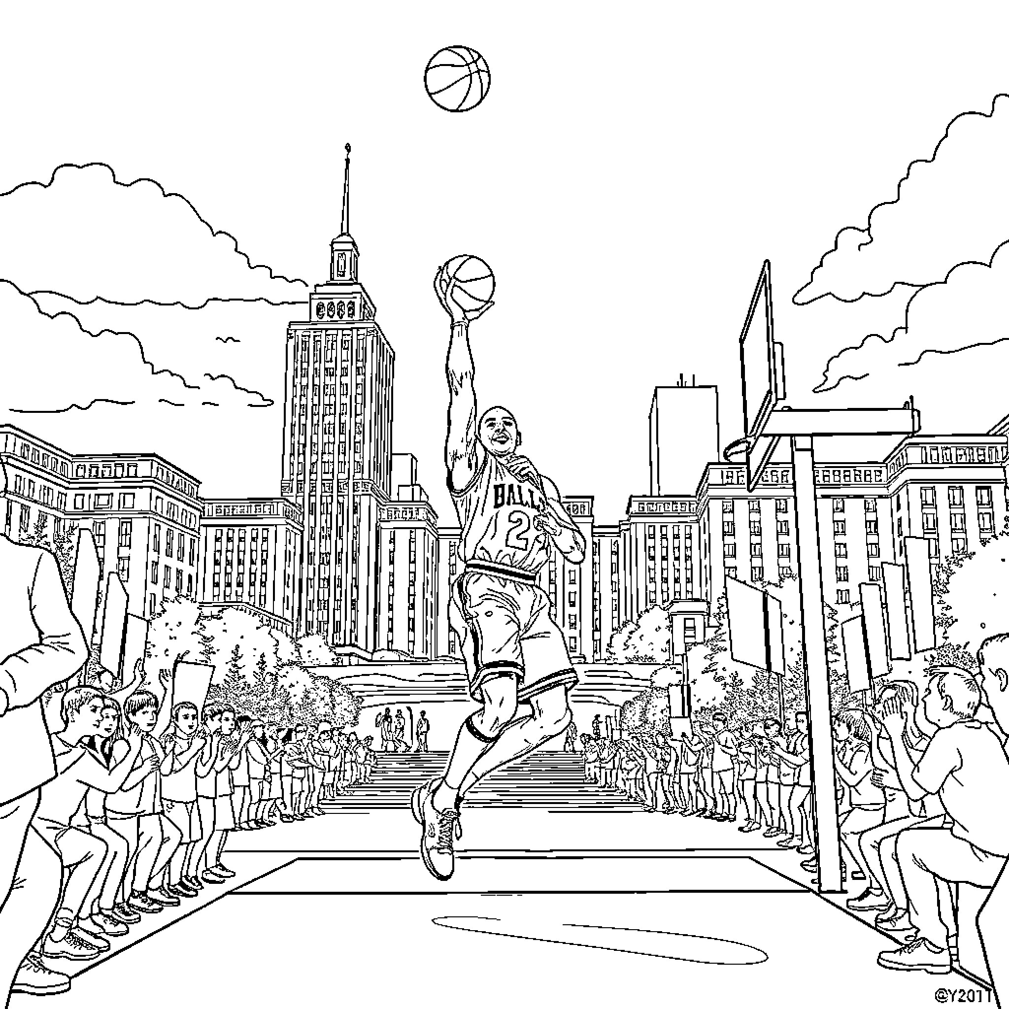 Michael Jordan Slam Dunking in the City Coloring Page (free black-and-white line drawing printable PDF for all, from beginners to advanced learners, including children, teens, adults, and seniors)