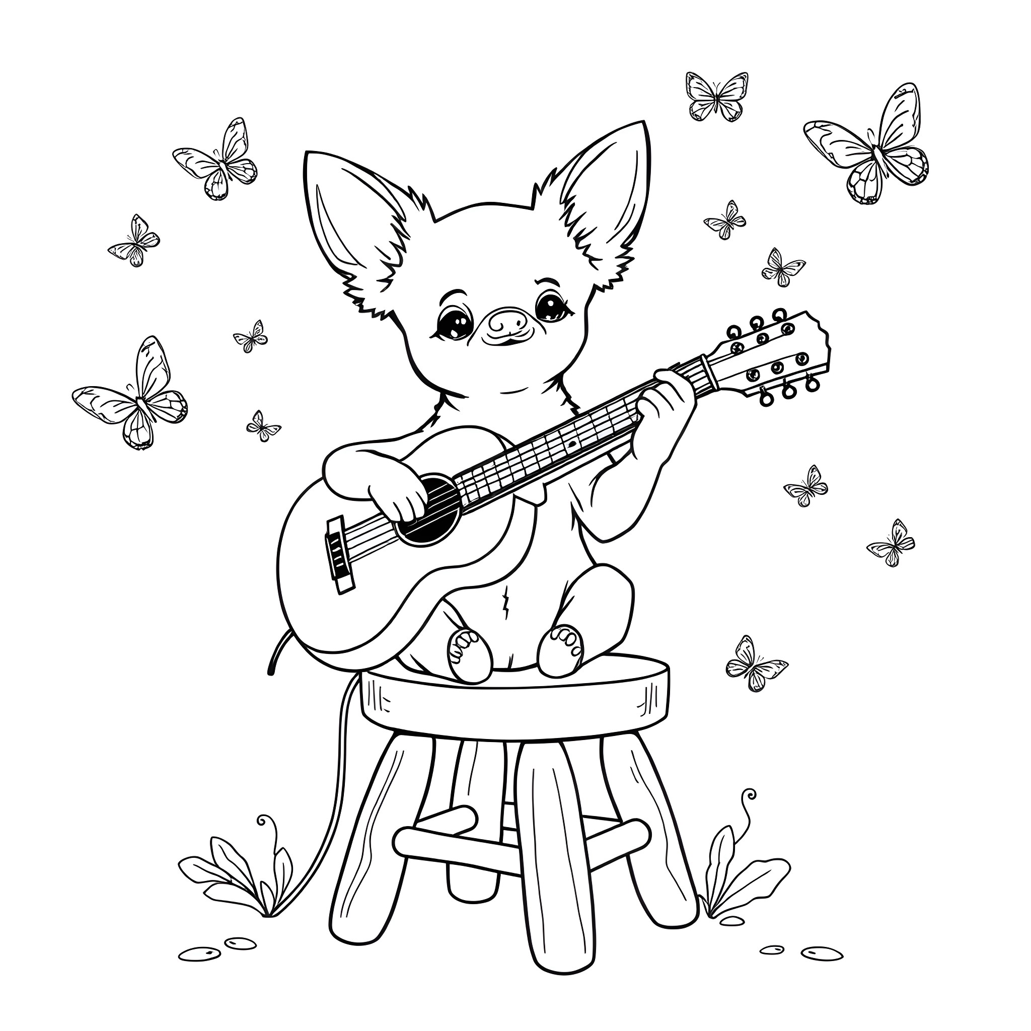 Chihuahua playing guitar with butterflies Coloring Page (free black-and-white line drawing printable PDF for all, from beginners to advanced learners, including children, teens, adults, and seniors)