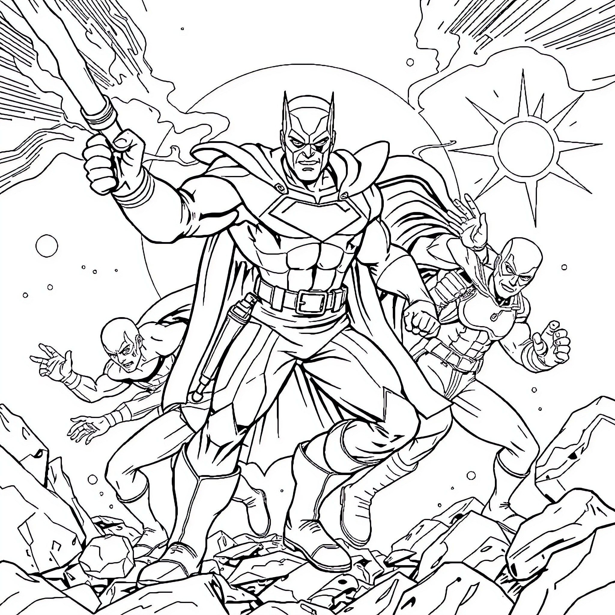 Action Hero Battles Supervillains in Epic Showdown Coloring Page (free black-and-white line drawing printable PDF for all, from beginners to advanced learners, including children, teens, adults, and seniors)