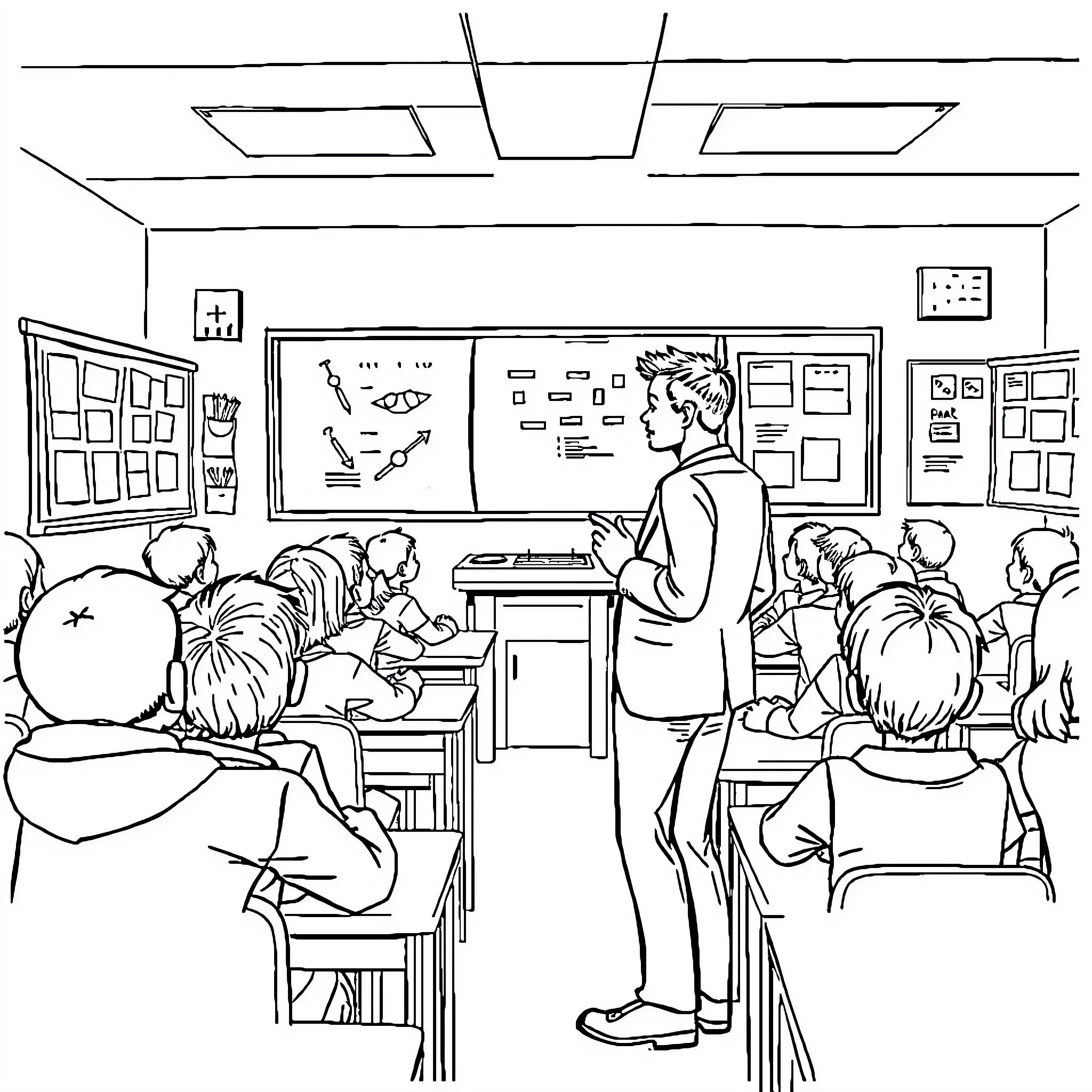 Maxwel Smart teaching students in a classroom Coloring Page (free black-and-white line drawing printable PDF for all, from beginners to advanced learners, including children, teens, adults, and seniors)