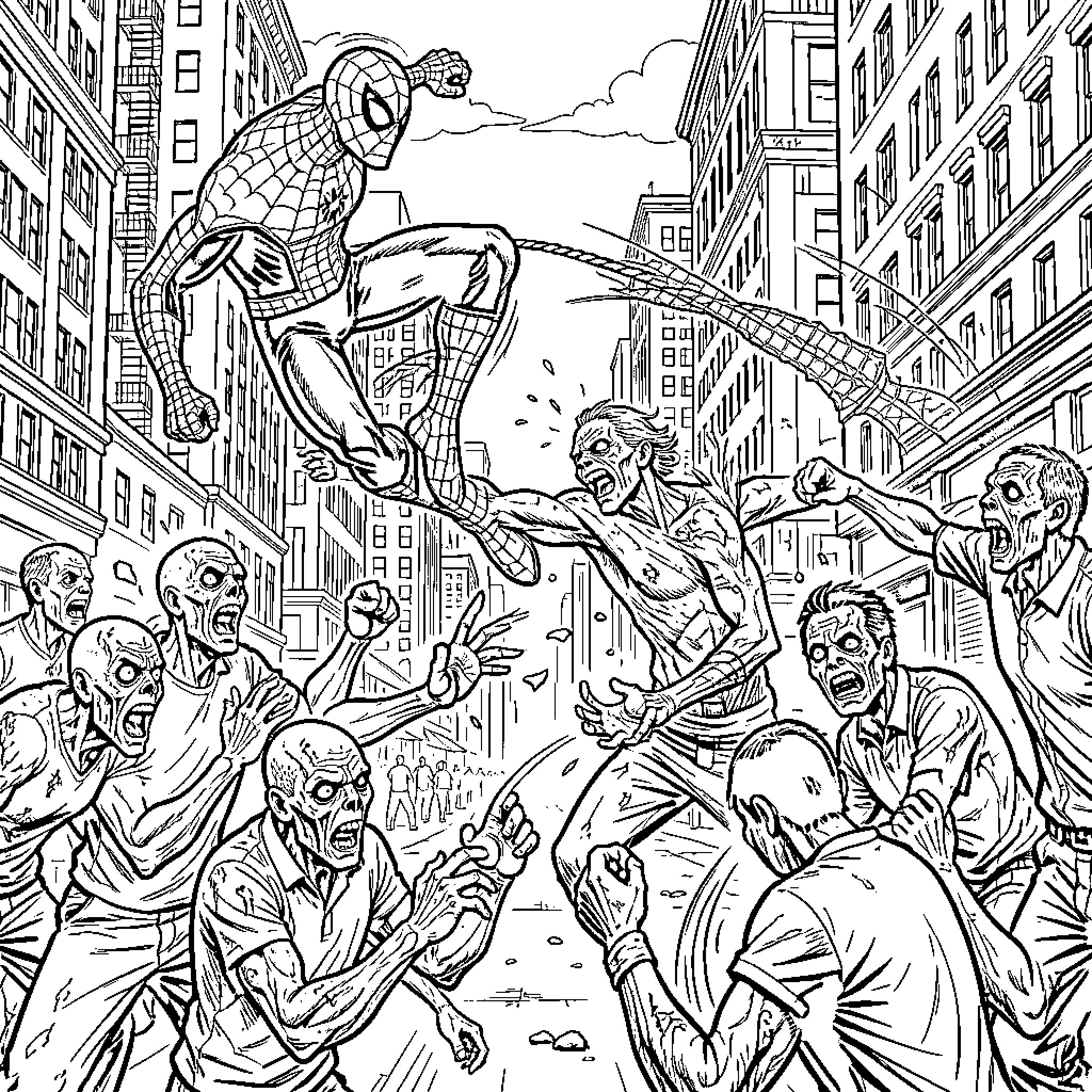 Zombie apocalypse encounter with a superhero in the city Coloring Page (free black-and-white line drawing printable PDF for all, from beginners to advanced learners, including children, teens, adults, and seniors)
