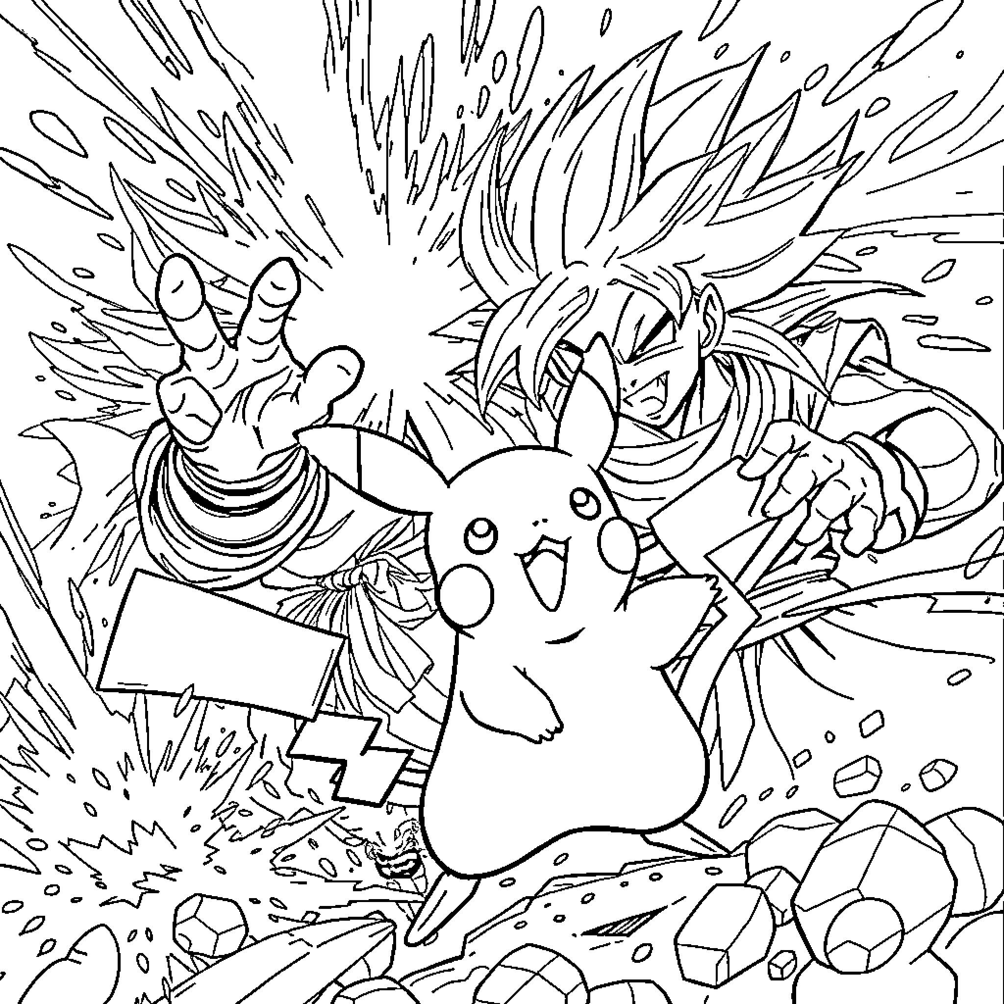 Pikachu in epic battle with powerful warrior Coloring Page (free black-and-white line drawing printable PDF for all, from beginners to advanced learners, including children, teens, adults, and seniors)