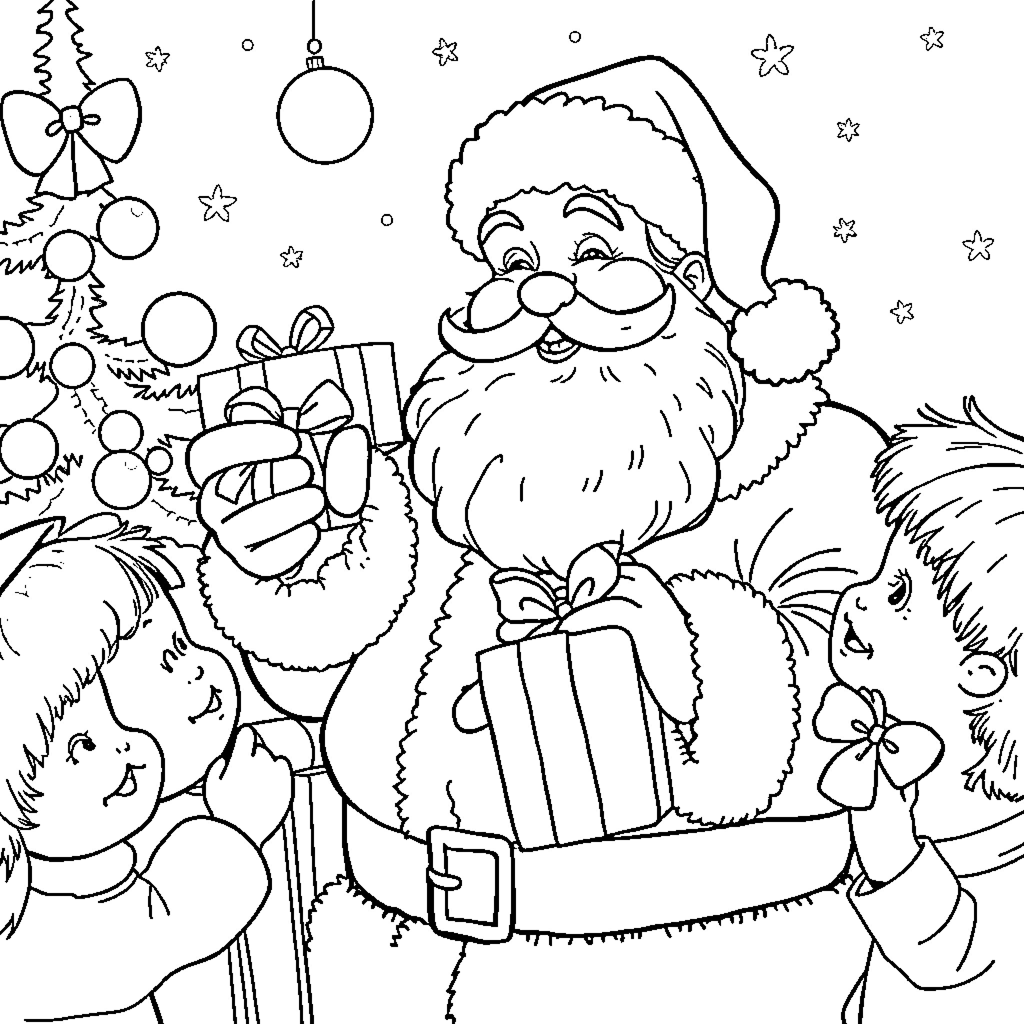 Santa Claus delivering gifts to children on Christmas Coloring Page (free black-and-white line drawing printable PDF for all, from beginners to advanced learners, including children, teens, adults, and seniors)