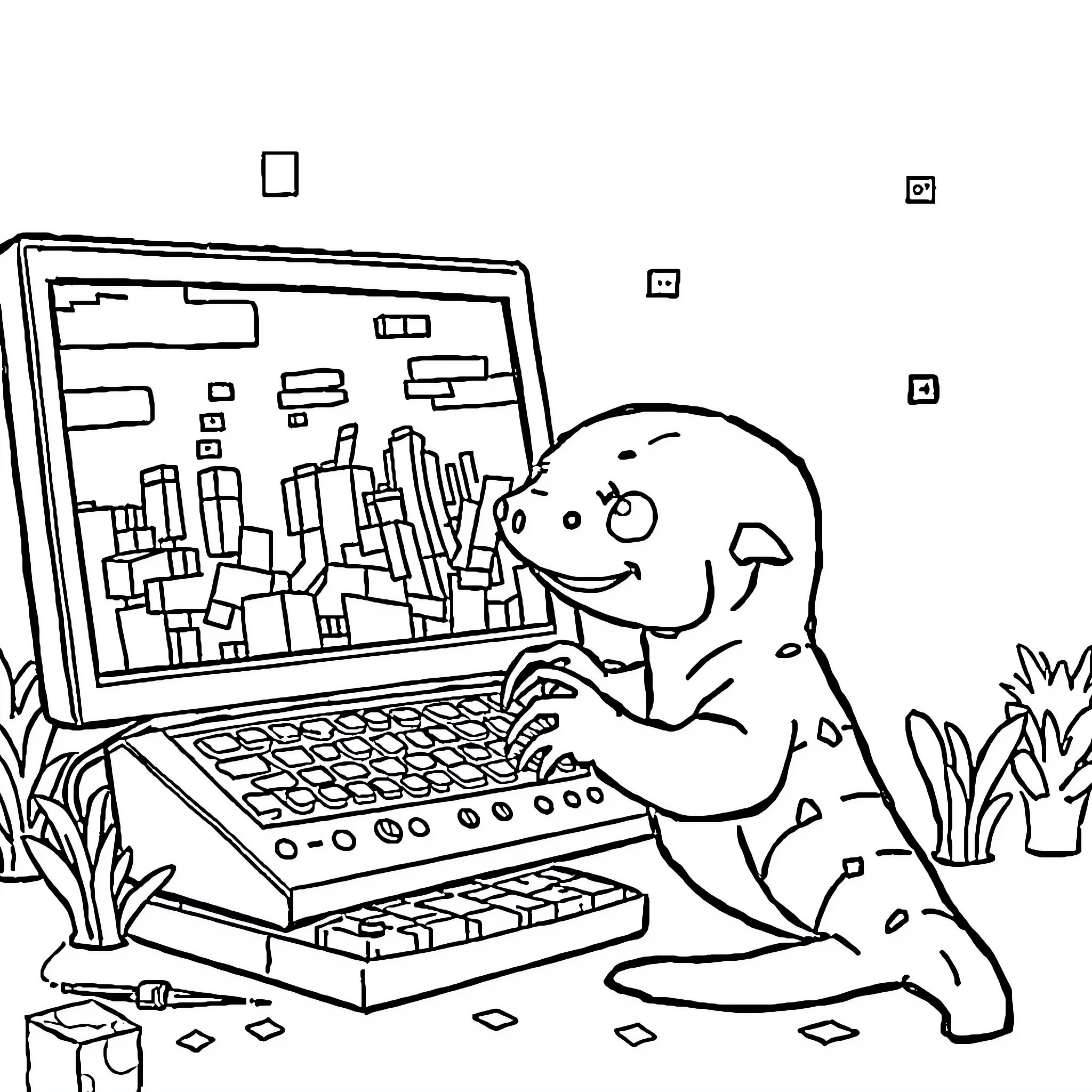 Axolotl using computer in nature Coloring Page (free black-and-white line drawing printable PDF for all, from beginners to advanced learners, including children, teens, adults, and seniors)