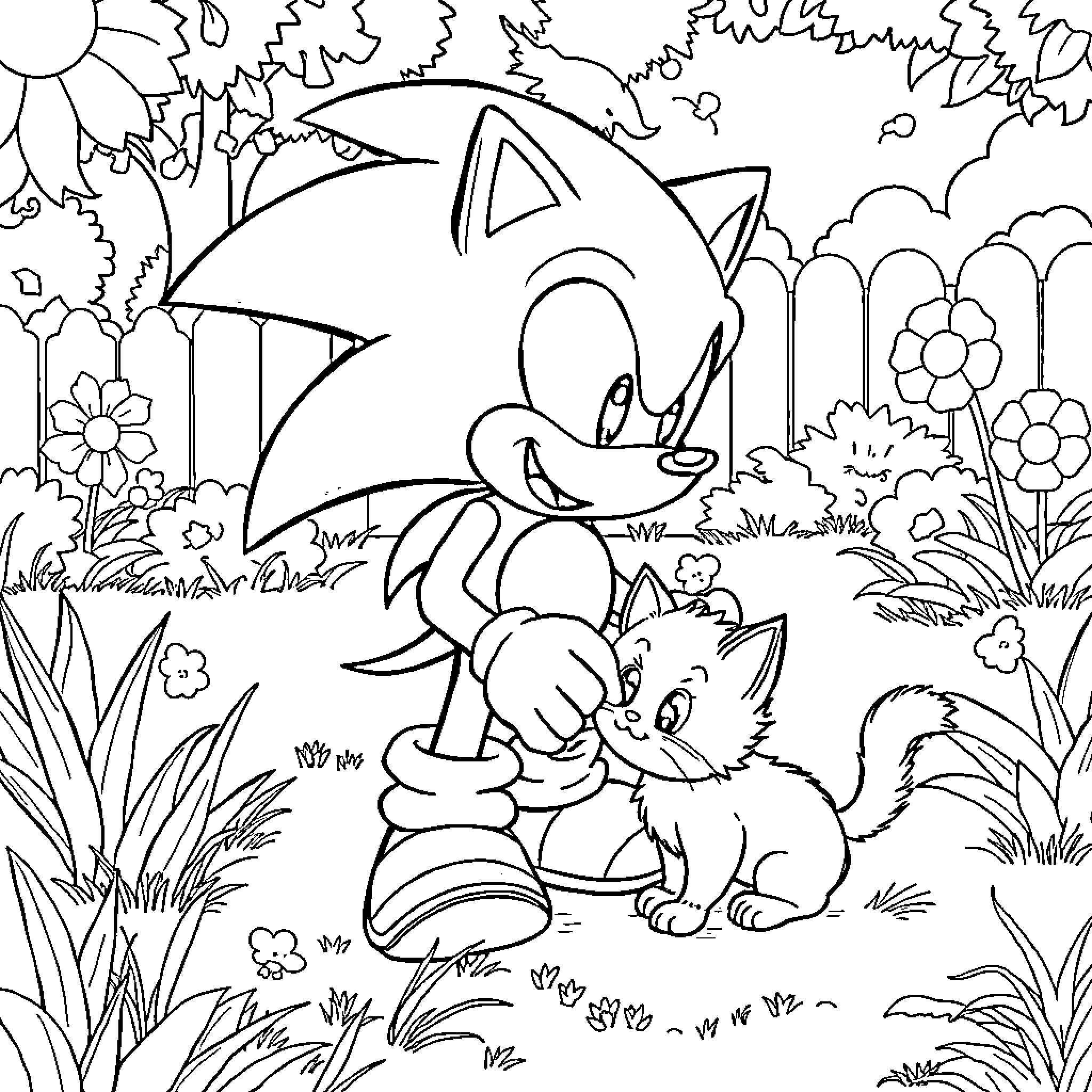 Sonic exploring the whimsical forest with animal friends Coloring Page (free black-and-white line drawing printable PDF for all, from beginners to advanced learners, including children, teens, adults, and seniors)