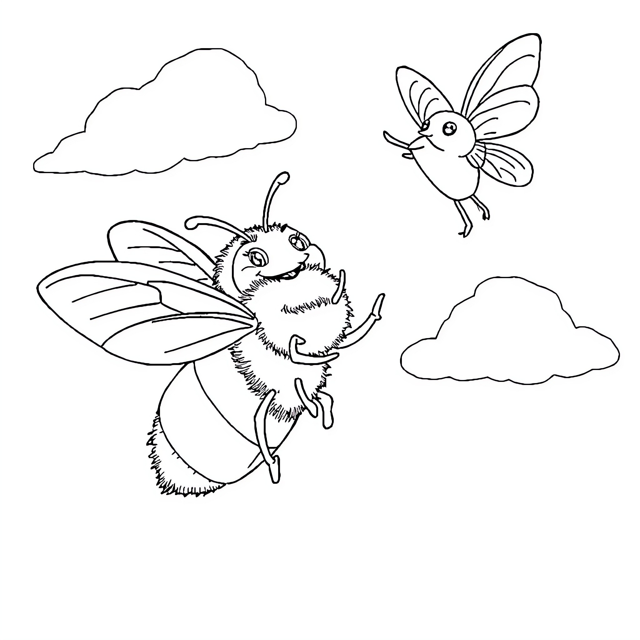 Maya the Bee flying happily with friends Coloring Page (free black-and-white line drawing printable PDF for all, from beginners to advanced learners, including children, teens, adults, and seniors)