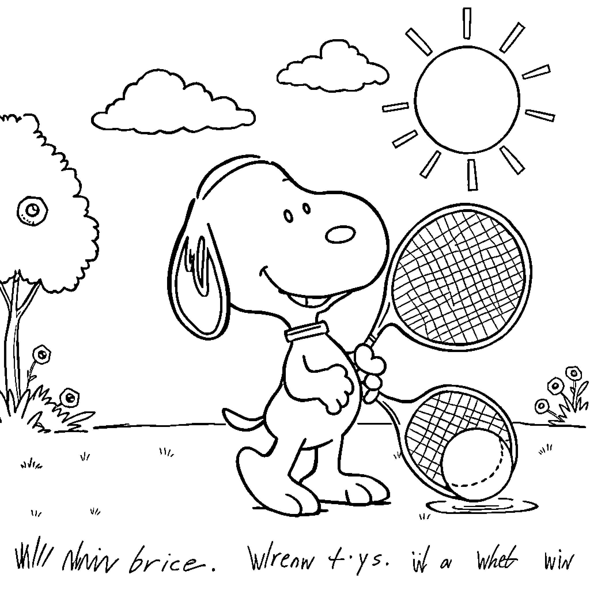 Snoopy playing tennis on a sunny day Coloring Page (free black-and-white line drawing printable PDF for all, from beginners to advanced learners, including children, teens, adults, and seniors)