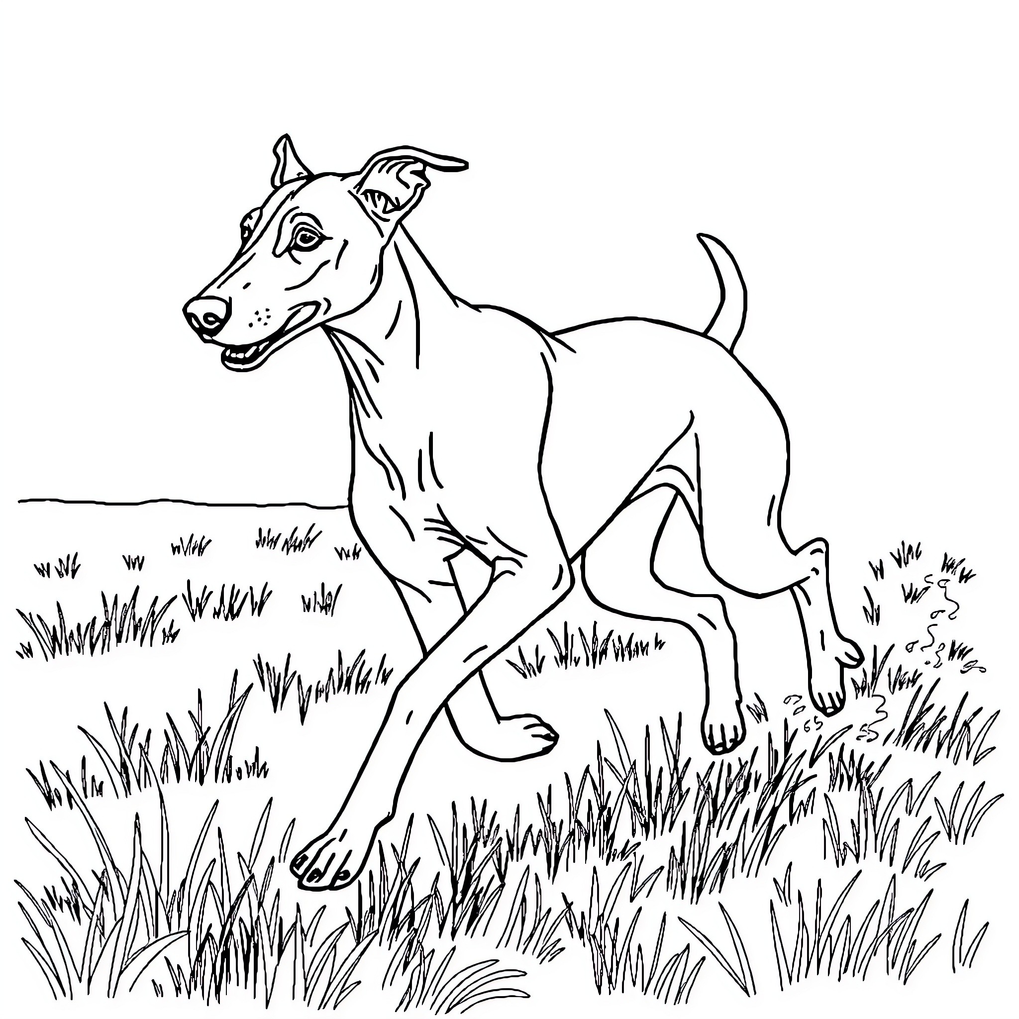 Lurcher exploring the grassy field Coloring Page (free black-and-white line drawing printable PDF for all, from beginners to advanced learners, including children, teens, adults, and seniors)