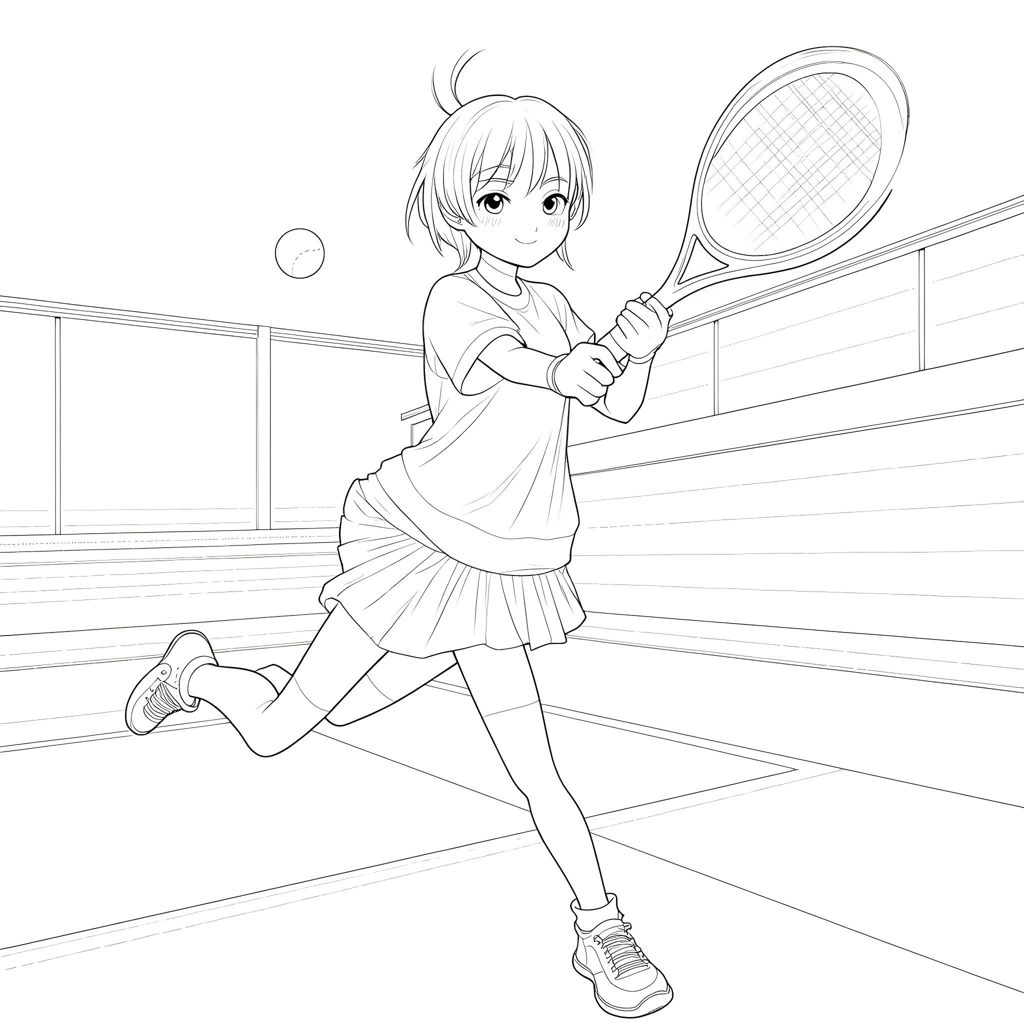 Kuromi playing tennis enthusiastically Coloring Page (free black-and-white line drawing printable PDF for all, from beginners to advanced learners, including children, teens, adults, and seniors)
