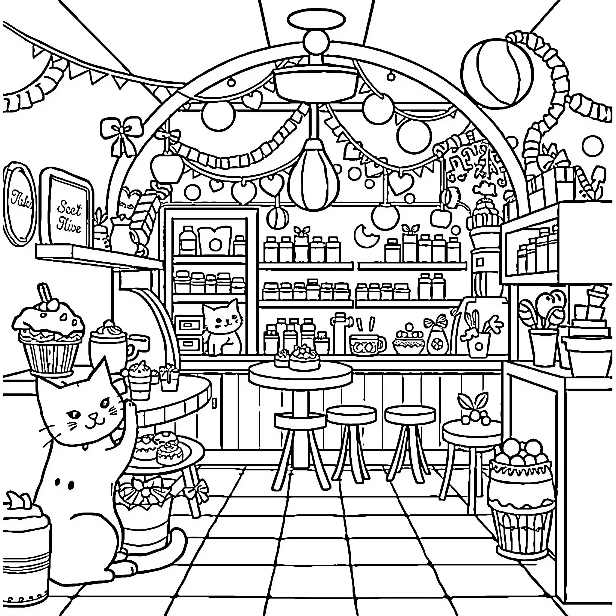 Bakery with whimsical decor and baked goods Coloring Page (free black-and-white line drawing printable PDF for all, from beginners to advanced learners, including children, teens, adults, and seniors)