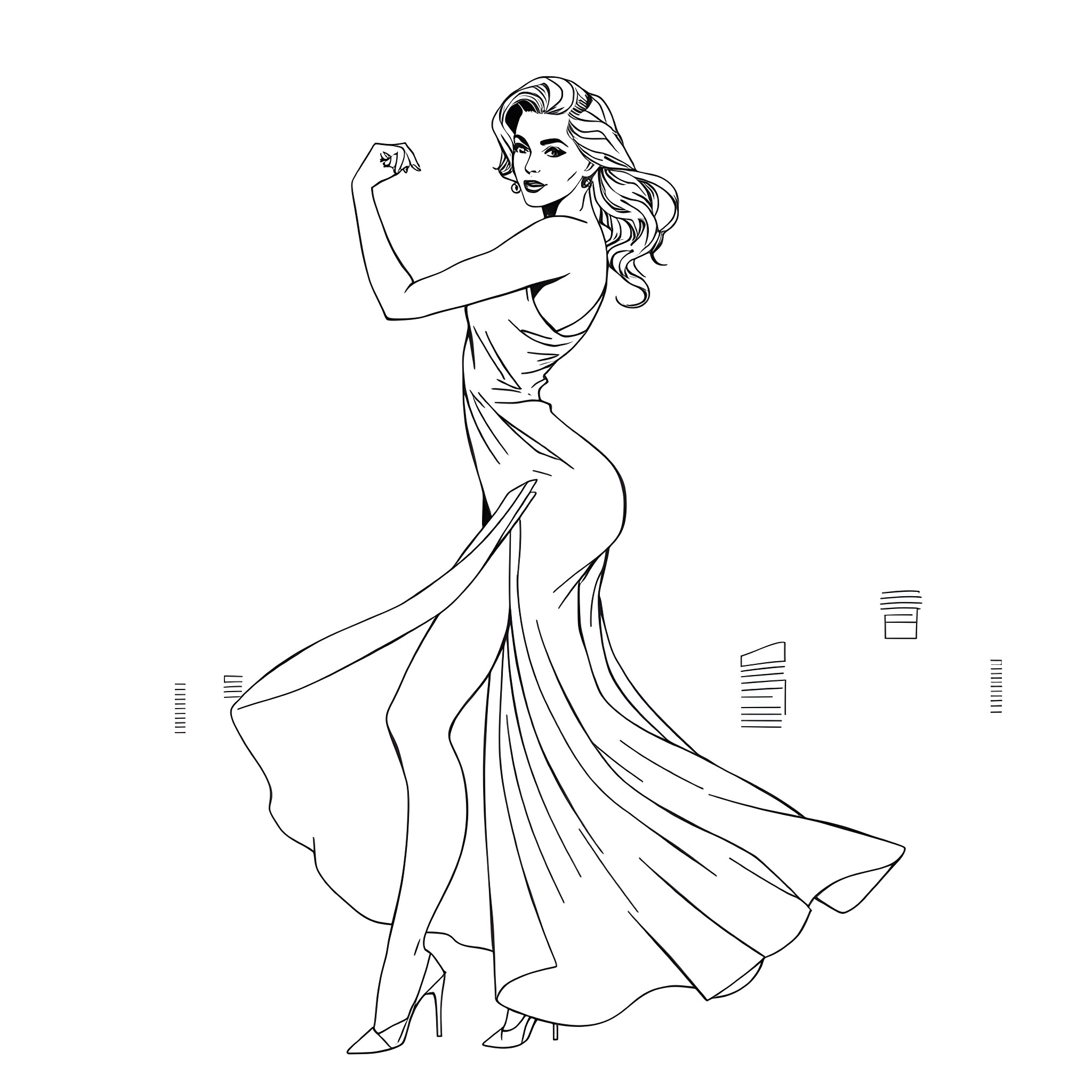 Woman striking a confident pose in a flowing dress Coloring Page (free black-and-white line drawing printable PDF for all, from beginners to advanced learners, including children, teens, adults, and seniors)
