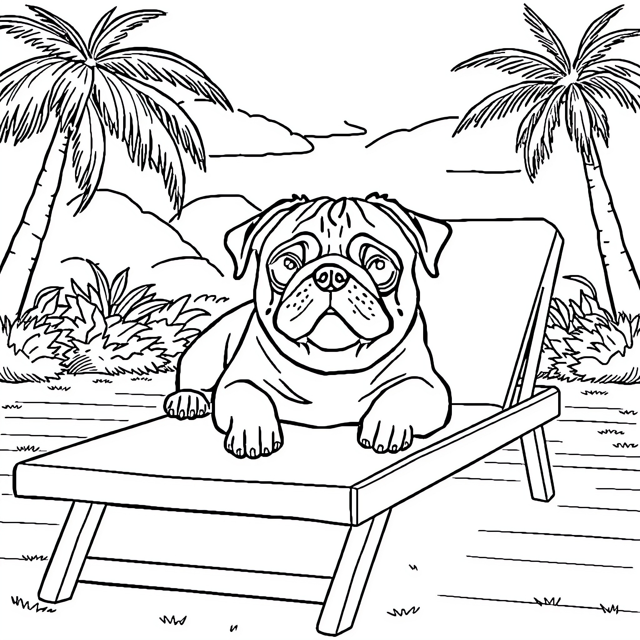 Pug enjoying a day at the beach Coloring Page (free black-and-white line drawing printable PDF for all, from beginners to advanced learners, including children, teens, adults, and seniors)