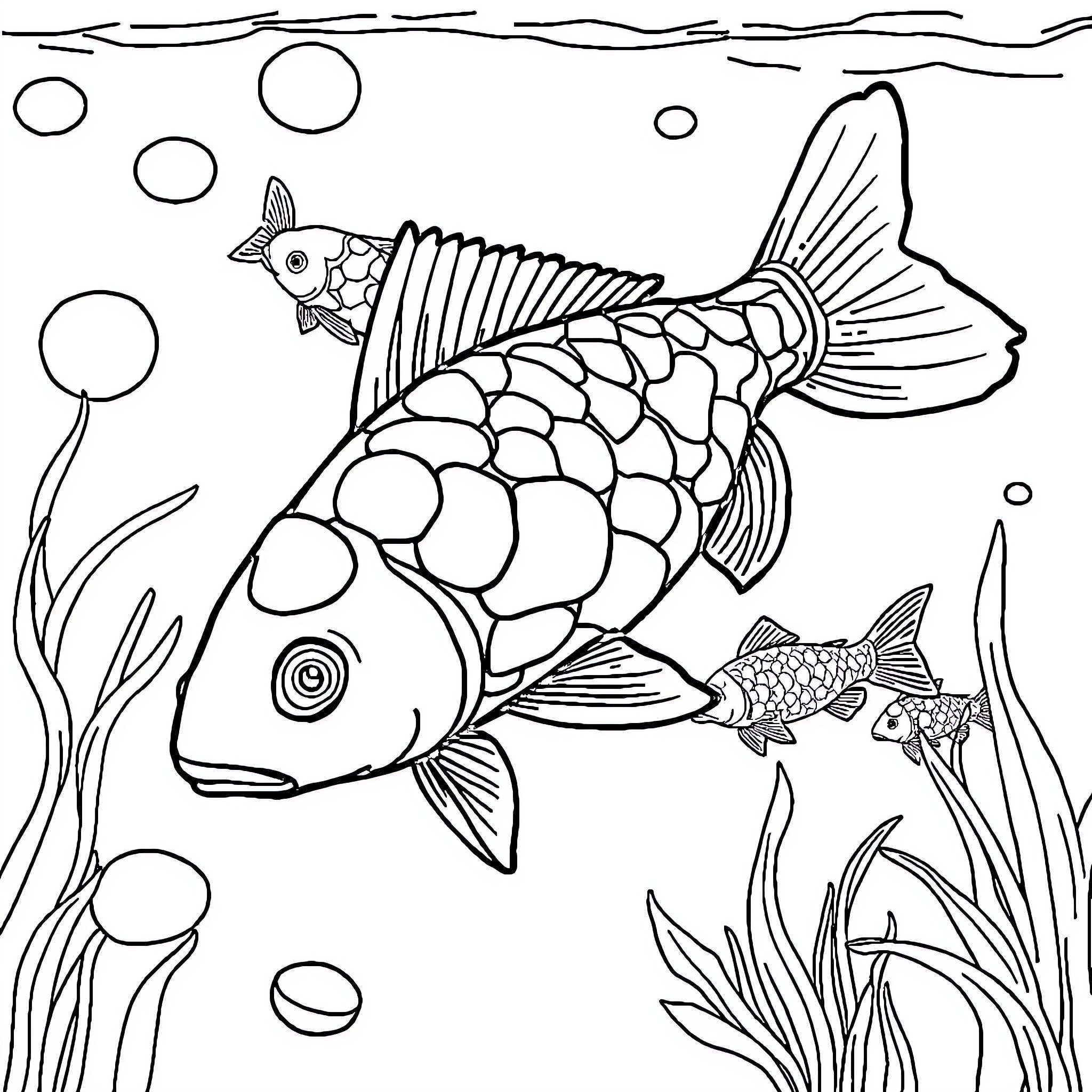 Fish swimming in underwater scene Coloring Page (free black-and-white line drawing printable PDF for all, from beginners to advanced learners, including children, teens, adults, and seniors)