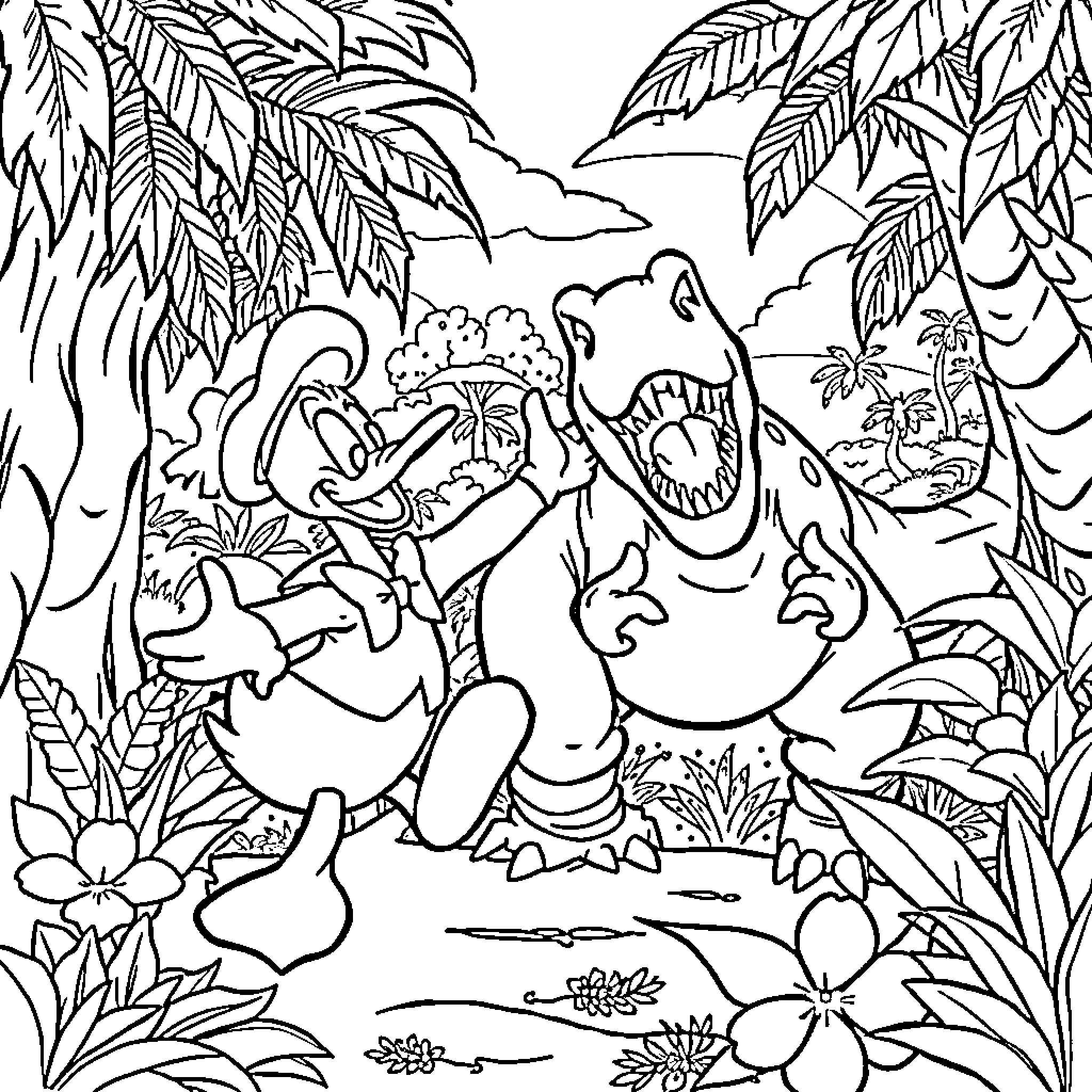 Donald Duck and Dinosaur Adventure in the Jungle Coloring Page (free black-and-white line drawing printable PDF for all, from beginners to advanced learners, including children, teens, adults, and seniors)