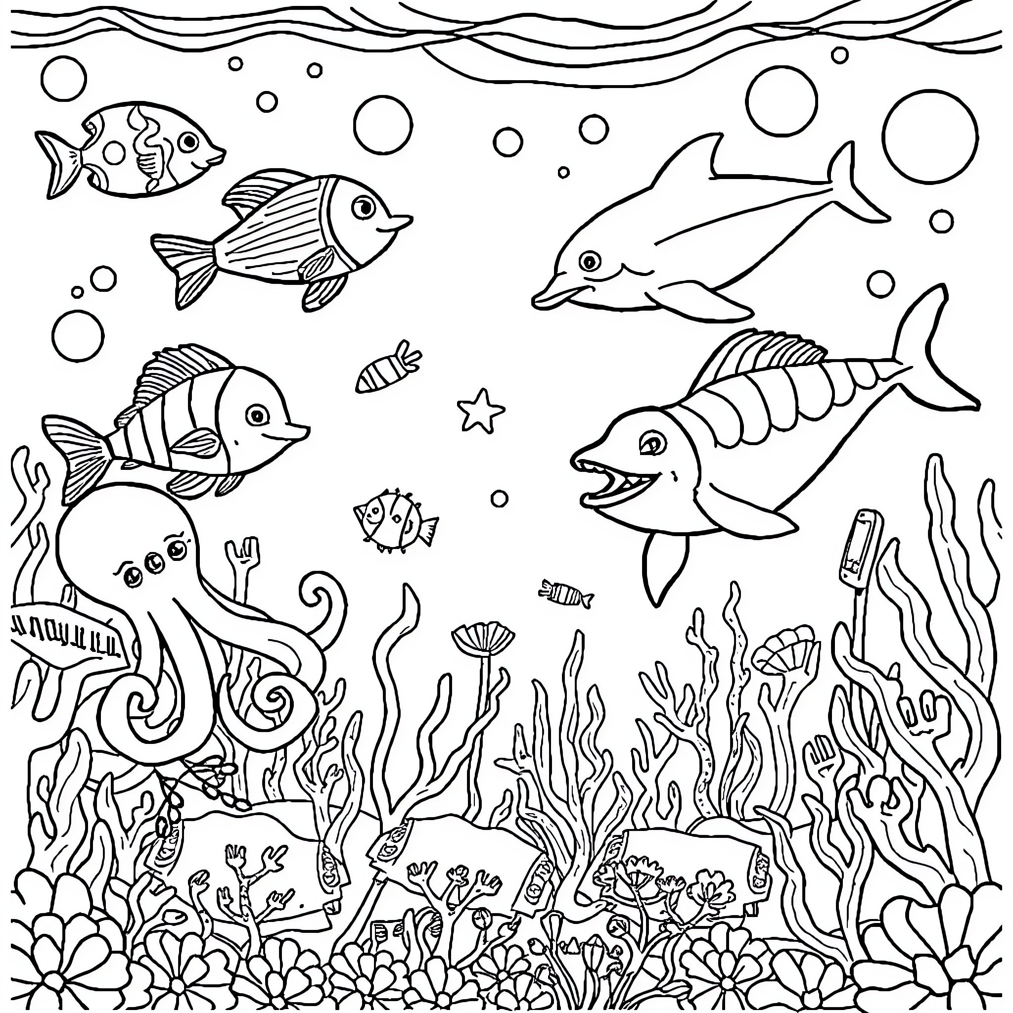 Sea Creature Playful Underwater Adventure Coloring Page (free black-and-white line drawing printable PDF for all, from beginners to advanced learners, including children, teens, adults, and seniors)