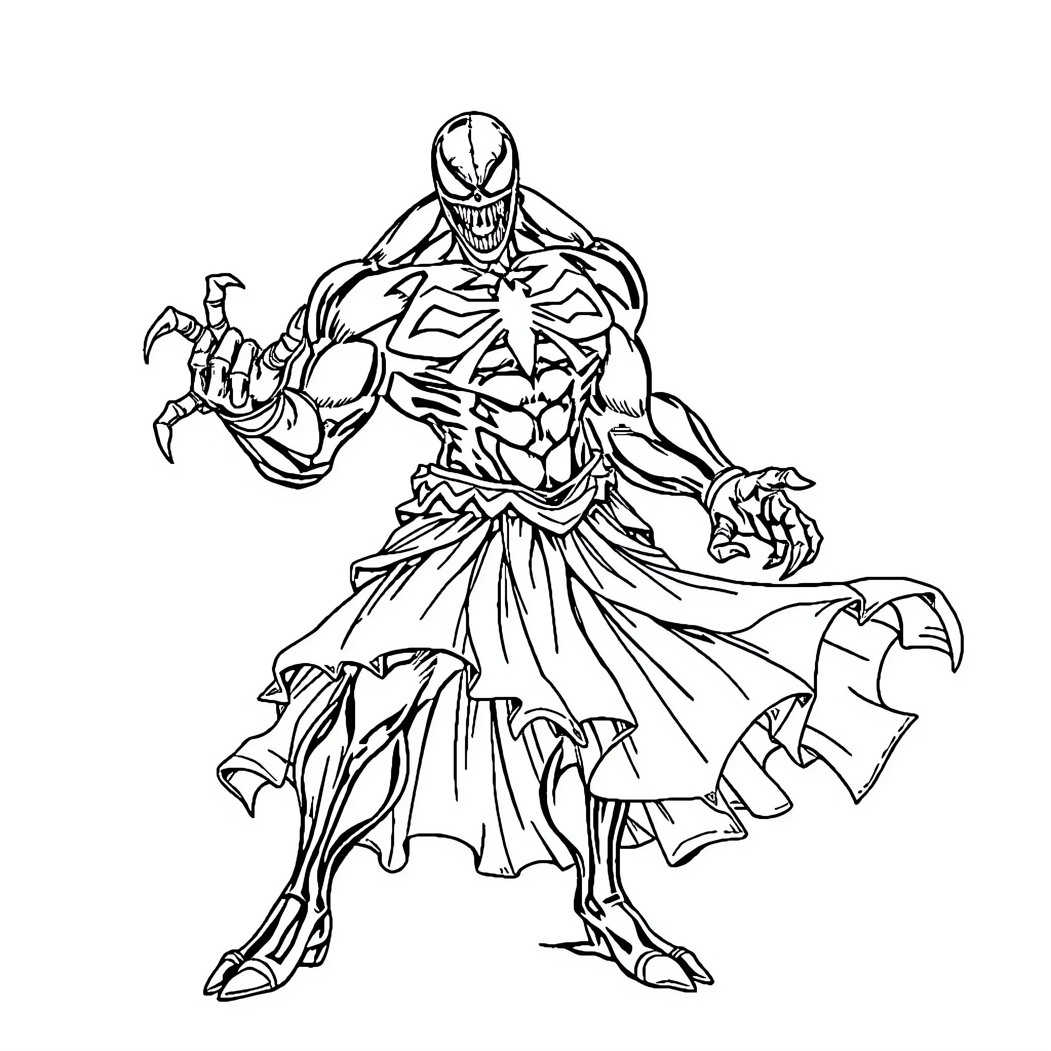 Venom Menacing Villain in Dramatic Pose Coloring Page (free black-and-white line drawing printable PDF for all, from beginners to advanced learners, including children, teens, adults, and seniors)