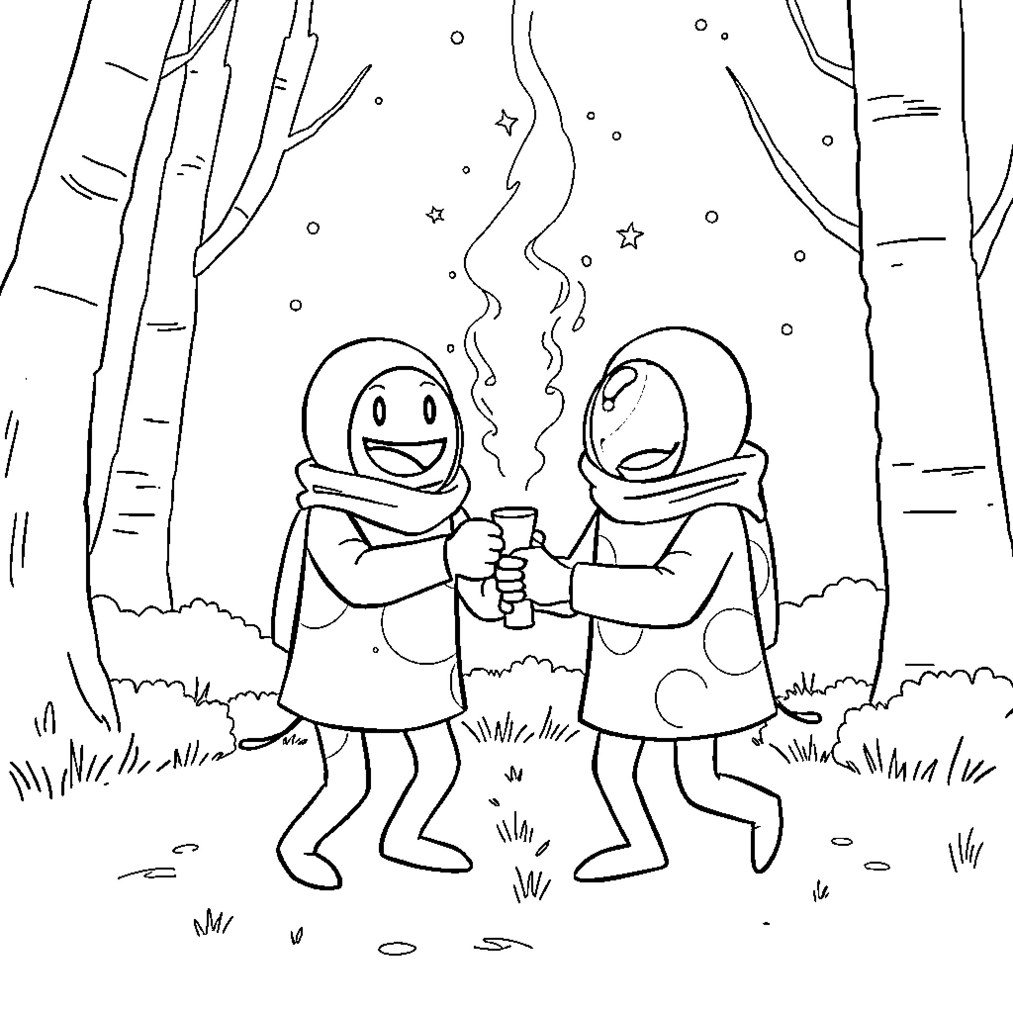 Among Us characters enjoying hot drinks in the woods Coloring Page (free black-and-white line drawing printable PDF for all, from beginners to advanced learners, including children, teens, adults, and seniors)