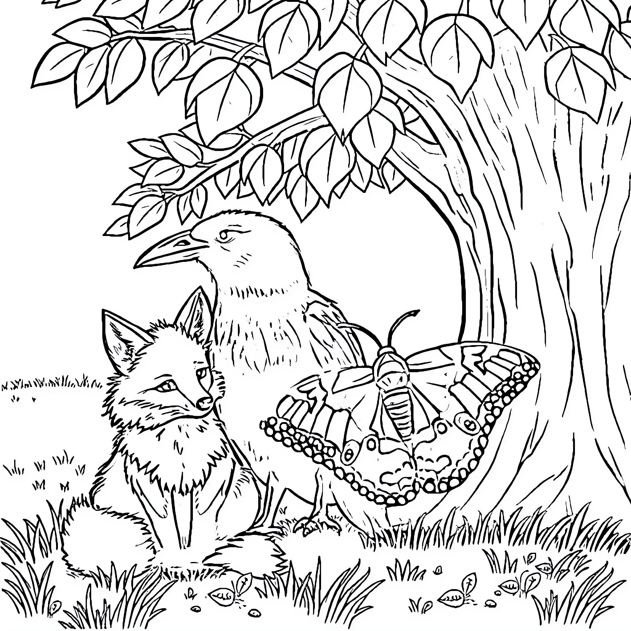 Fox and bird interacting in forest scene Coloring Page (free black-and-white line drawing printable PDF for all, from beginners to advanced learners, including children, teens, adults, and seniors)