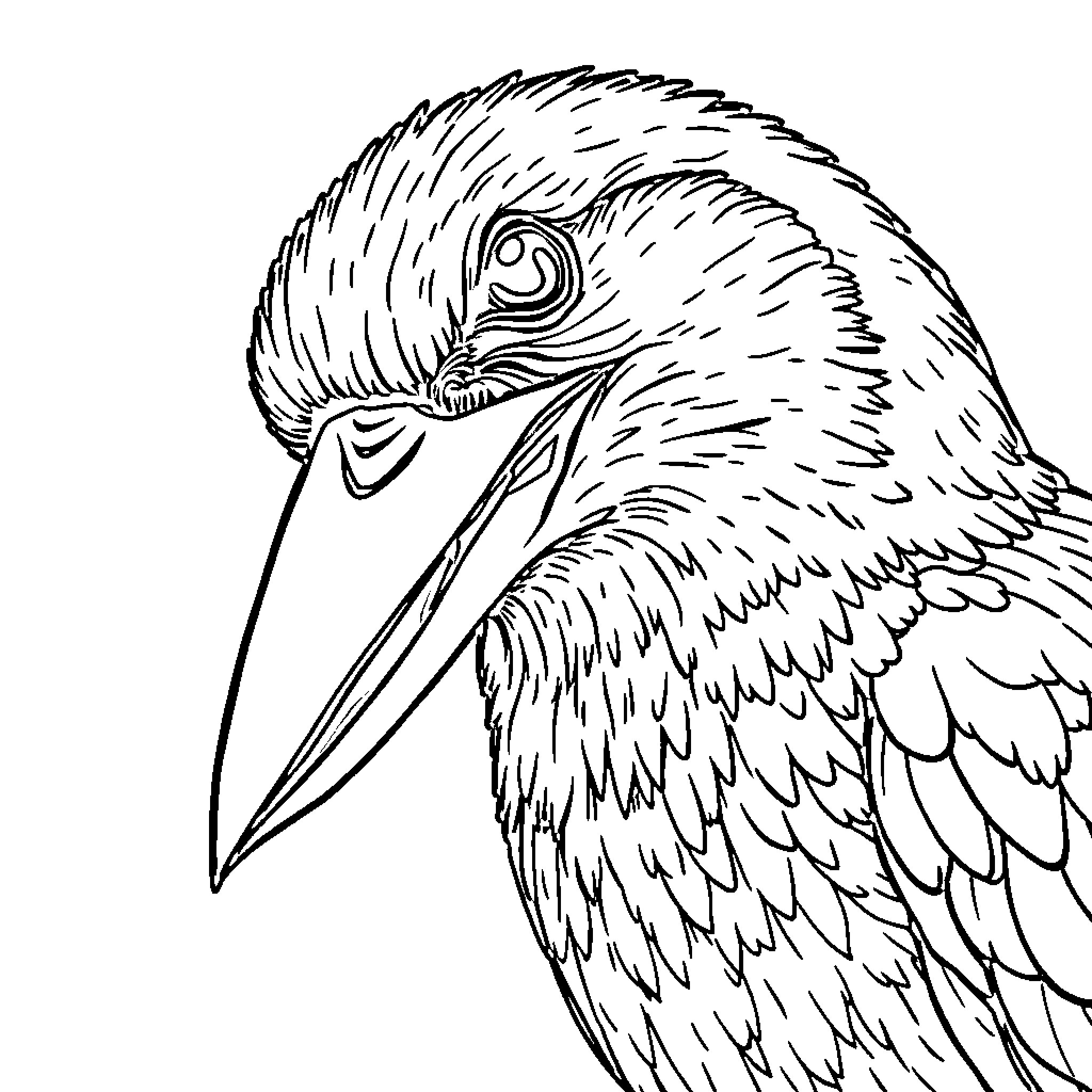 Bird with intricate feathered portrait Coloring Page (free black-and-white line drawing printable PDF for all, from beginners to advanced learners, including children, teens, adults, and seniors)