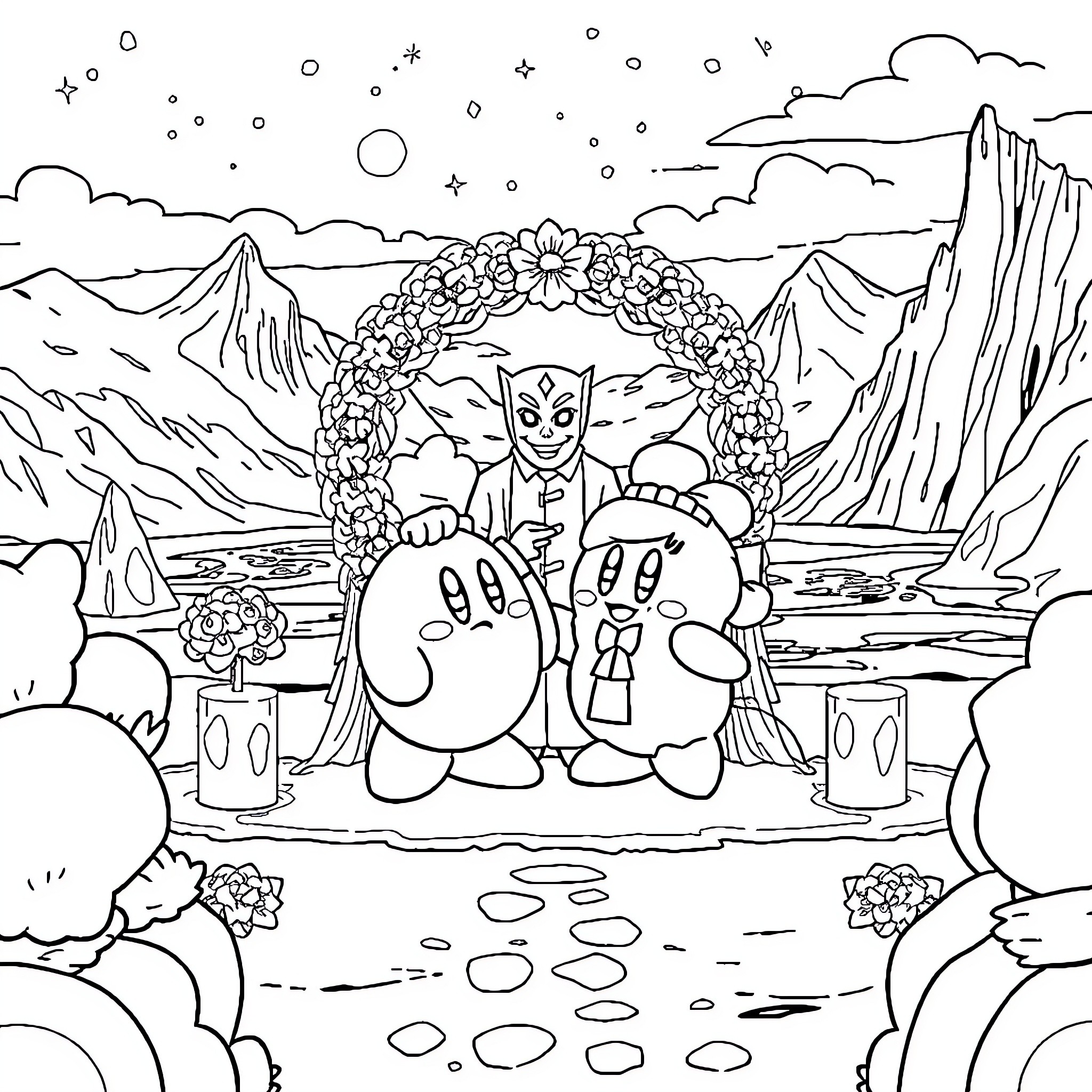 Kirby's Adventure in the Enchanted Landscape Coloring Page (free black-and-white line drawing printable PDF for all, from beginners to advanced learners, including children, teens, adults, and seniors)