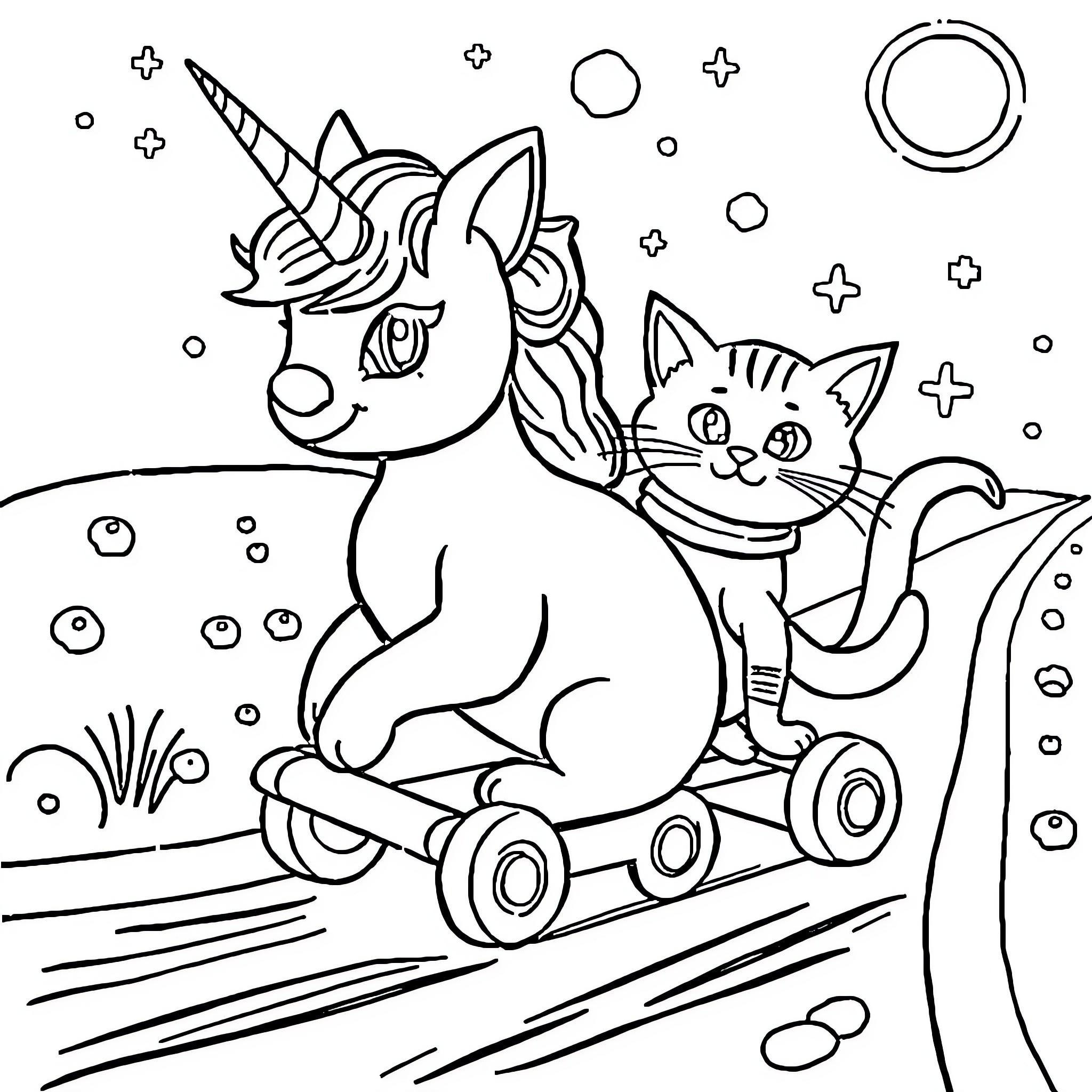 Unicorn and cat on magical adventure Coloring Page (free black-and-white line drawing printable PDF for all, from beginners to advanced learners, including children, teens, adults, and seniors)