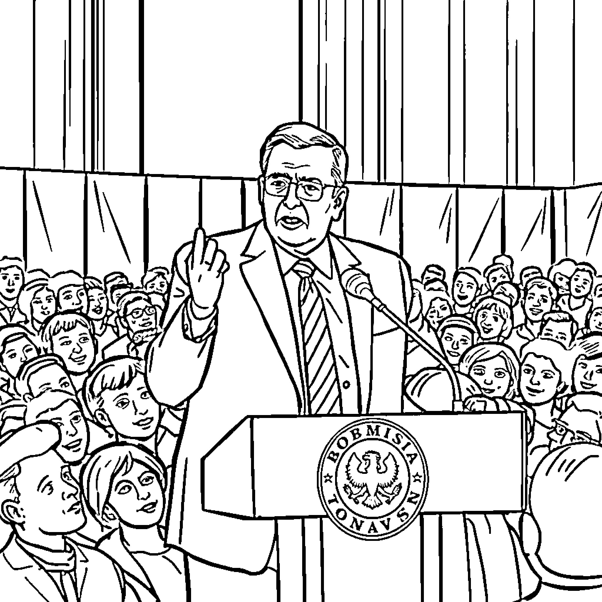 Orbán Viktor delivering a speech to a crowd Coloring Page (free black-and-white line drawing printable PDF for all, from beginners to advanced learners, including children, teens, adults, and seniors)