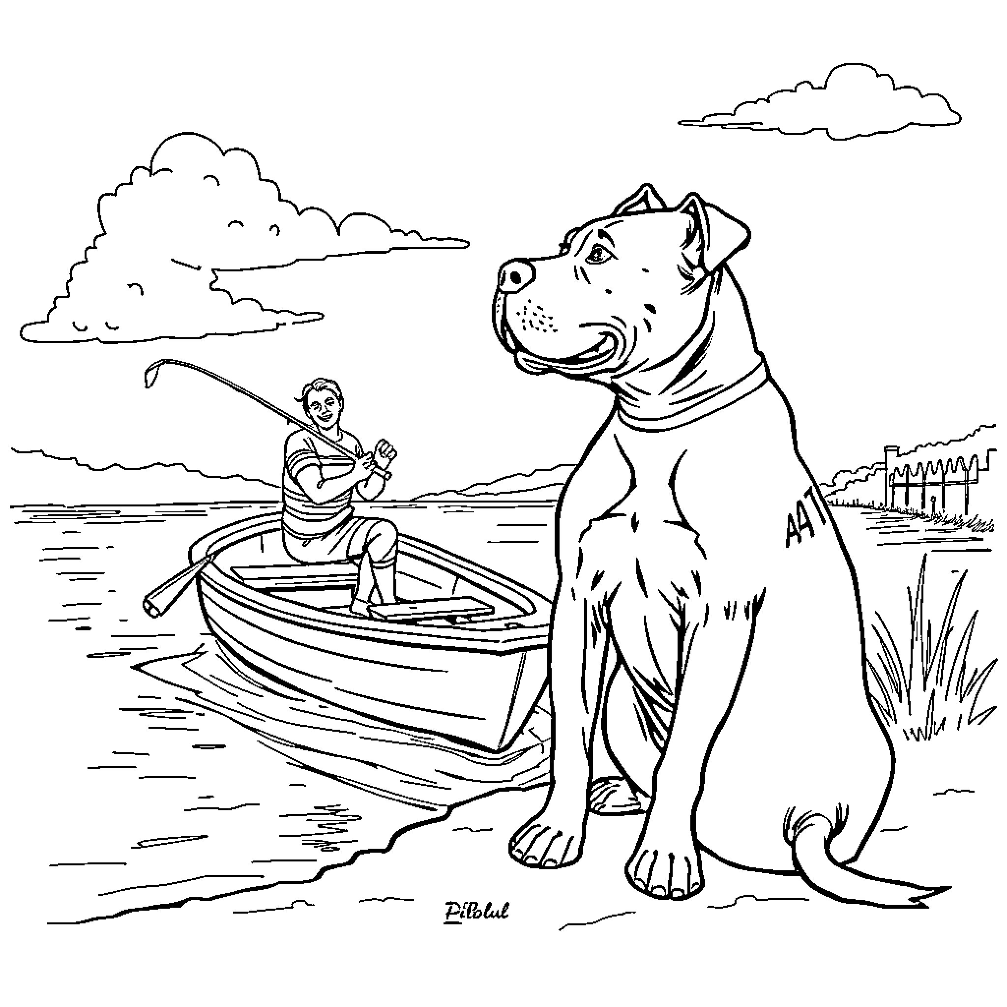 Pitbull guards a person in a boat on the water Coloring Page (free black-and-white line drawing printable PDF for all, from beginners to advanced learners, including children, teens, adults, and seniors)