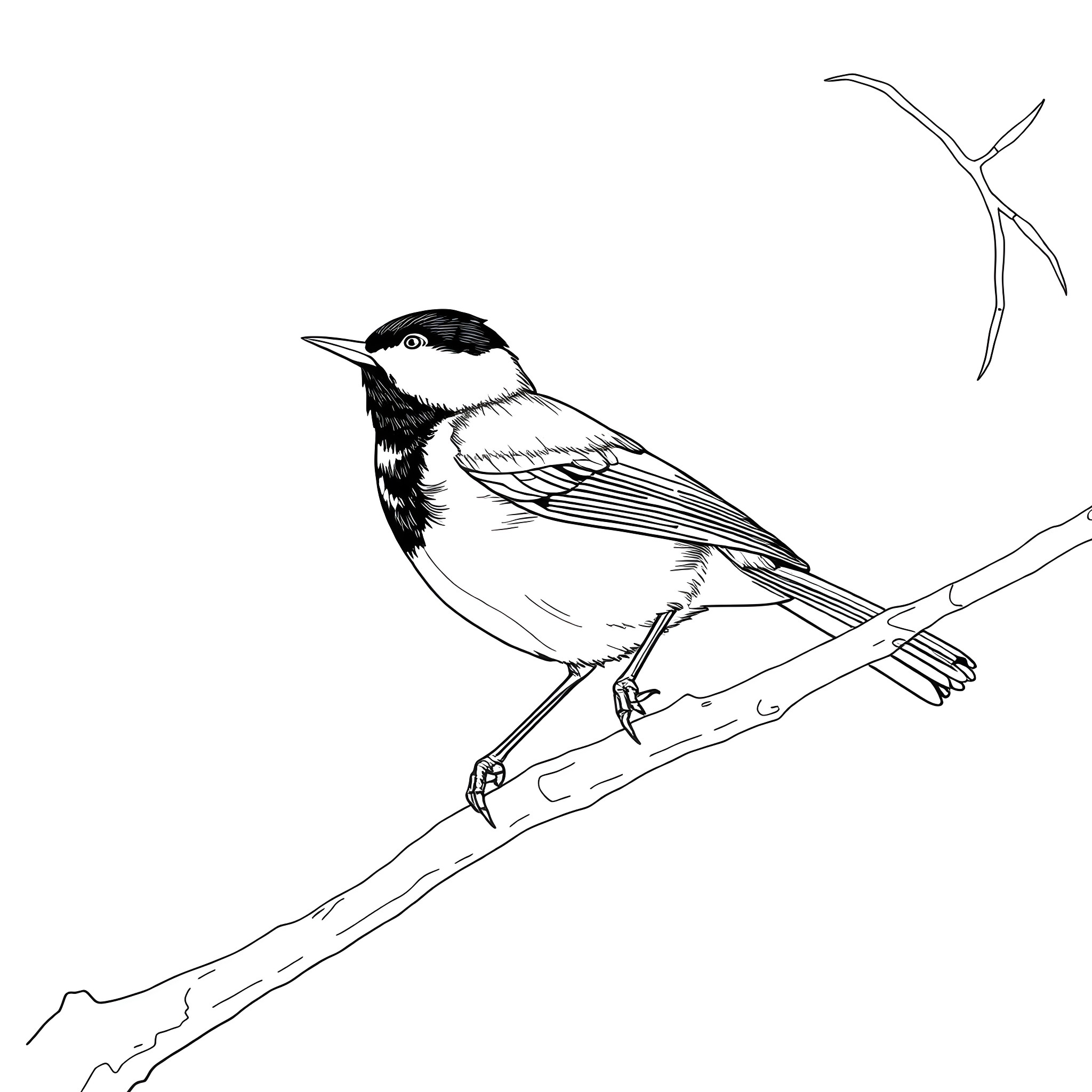 Great Tit perched on a branch Coloring Page (free black-and-white line drawing printable PDF for all, from beginners to advanced learners, including children, teens, adults, and seniors)