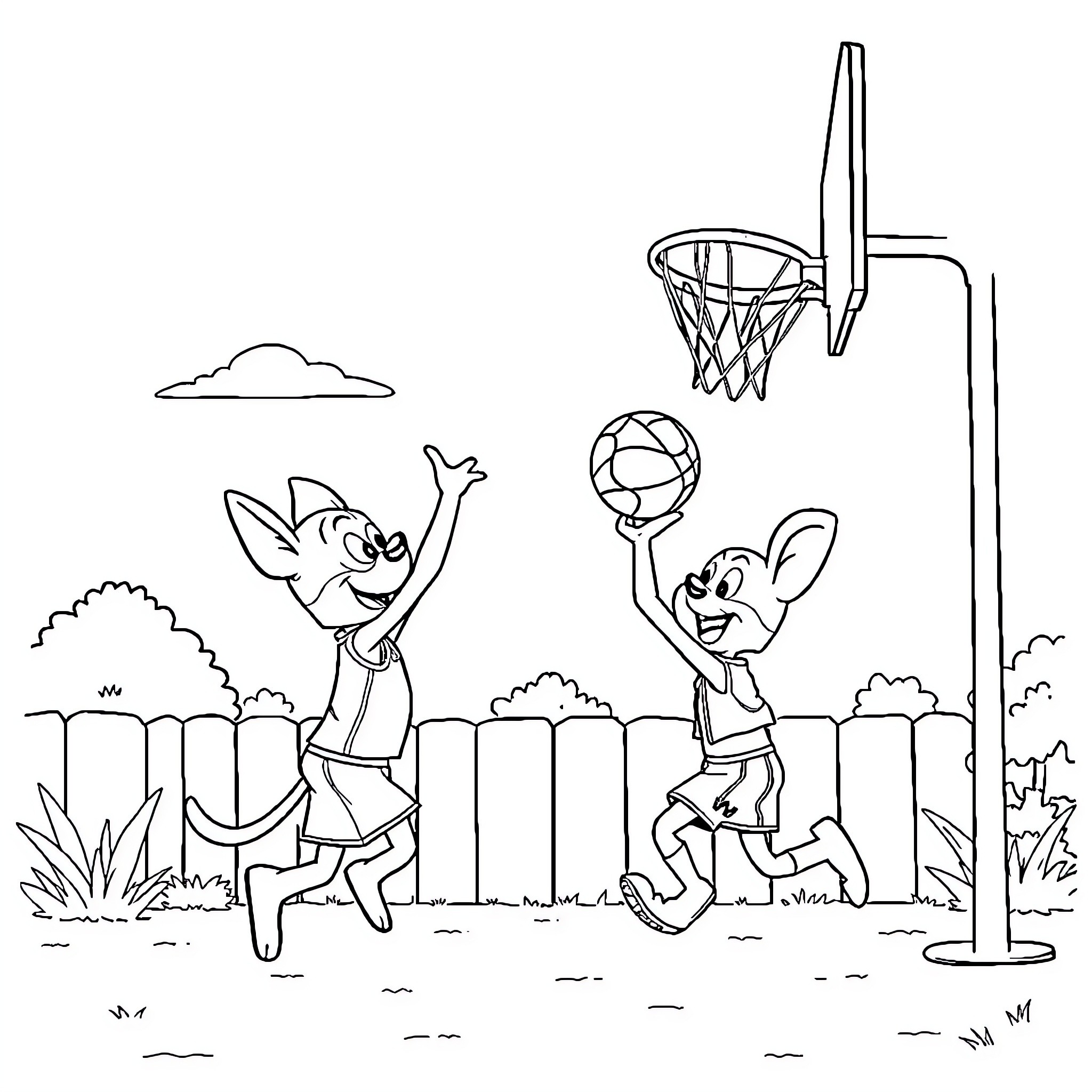 Bluey and friends playing basketball outdoors Coloring Page (free black-and-white line drawing printable PDF for all, from beginners to advanced learners, including children, teens, adults, and seniors)