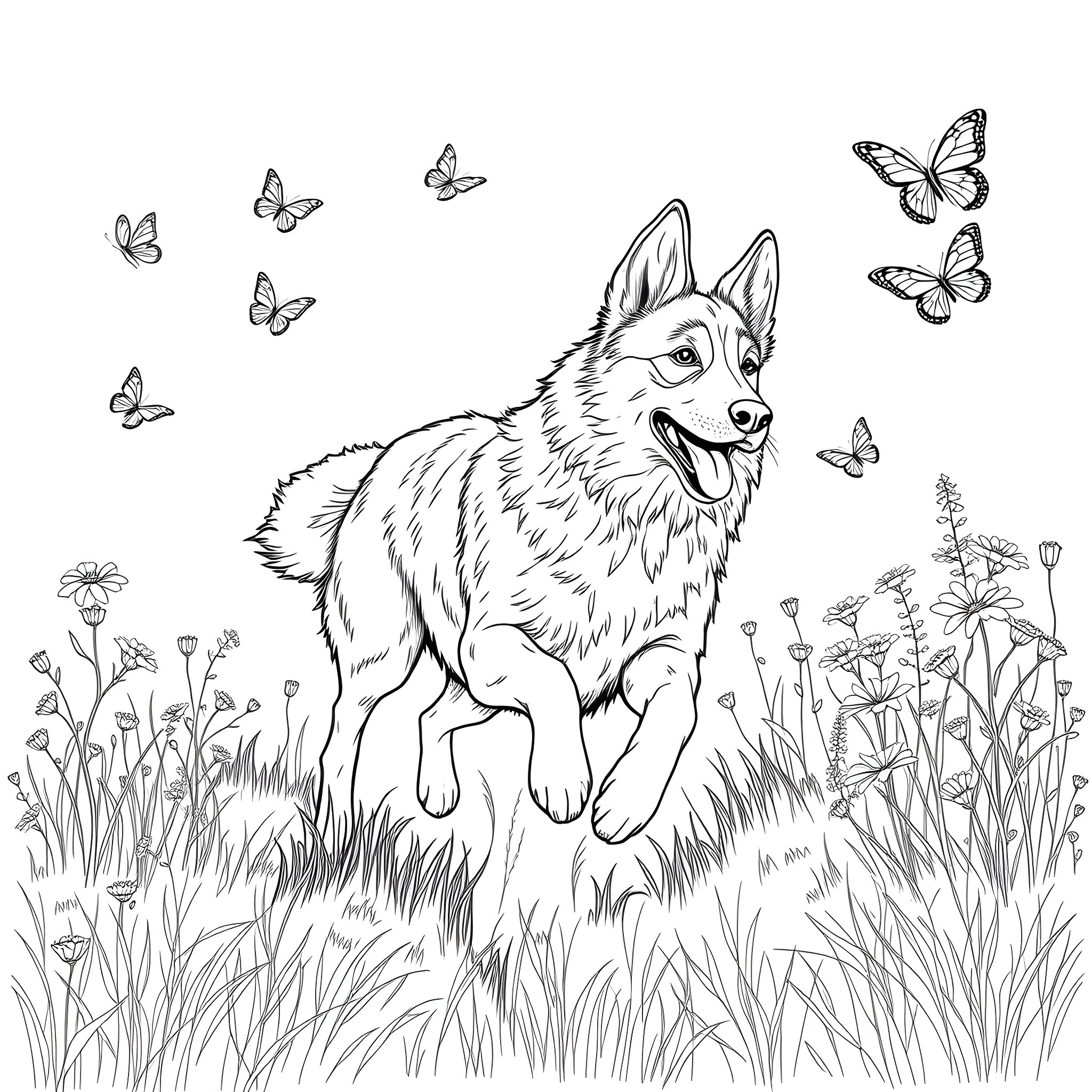Norwegian Elkhound running playfully in the meadow Coloring Page (free black-and-white line drawing printable PDF for all, from beginners to advanced learners, including children, teens, adults, and seniors)