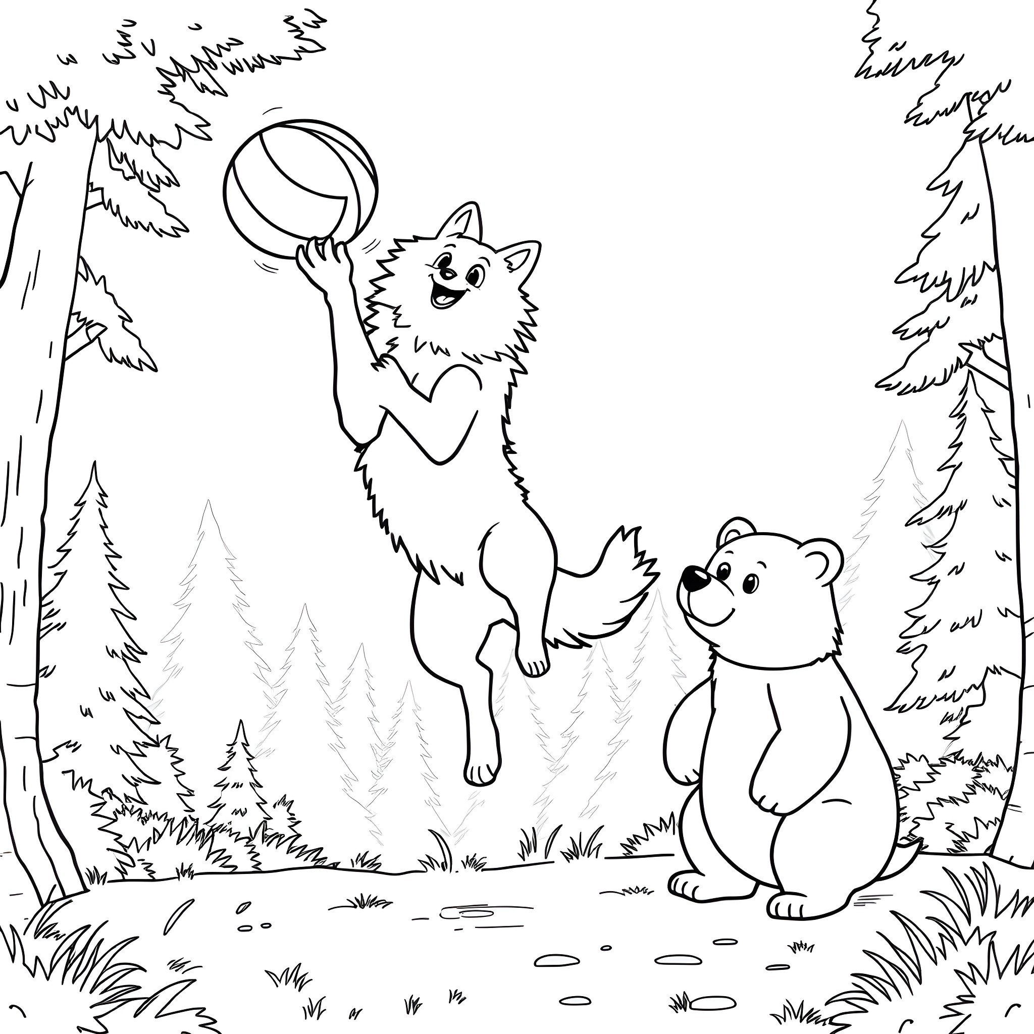 Wolf playing with ball in the forest Coloring Page (free black-and-white line drawing printable PDF for all, from beginners to advanced learners, including children, teens, adults, and seniors)