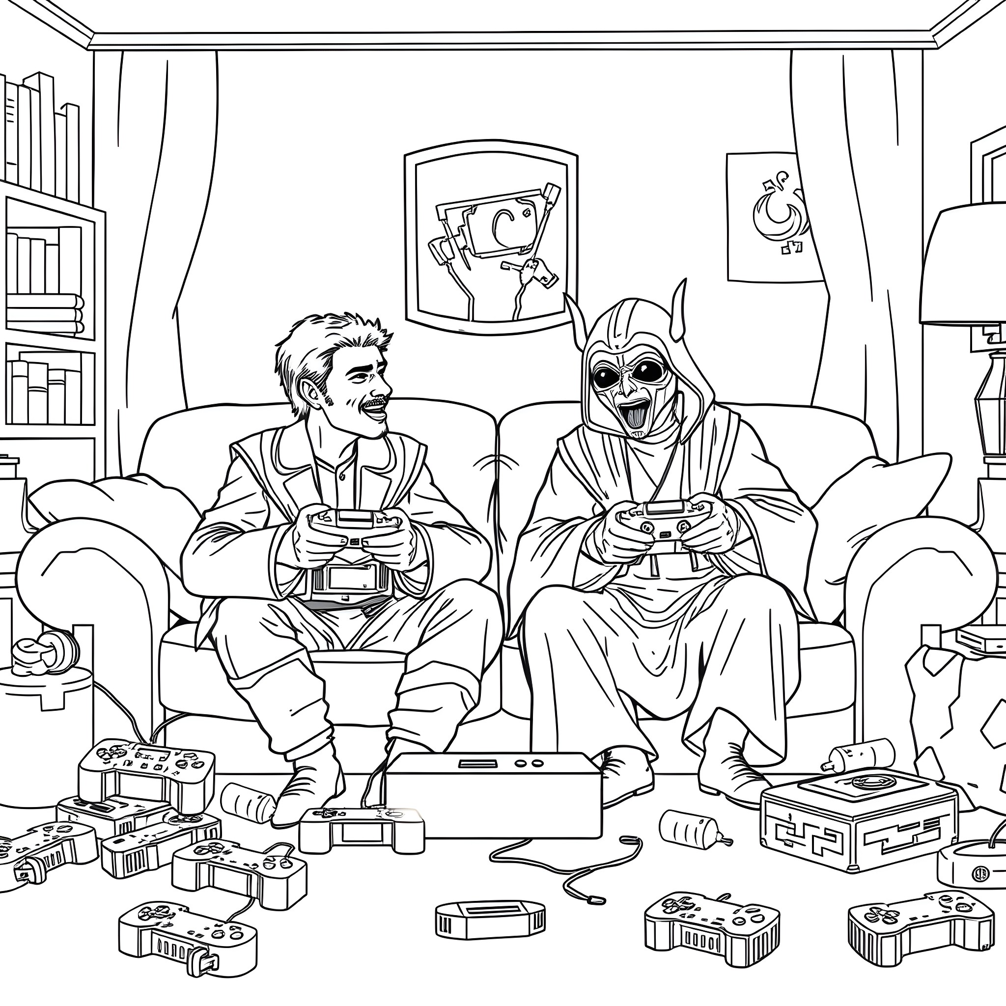 Star Lord Relaxing with an Alien Friend in Game Room Coloring Page (free black-and-white line drawing printable PDF for all, from beginners to advanced learners, including children, teens, adults, and seniors)