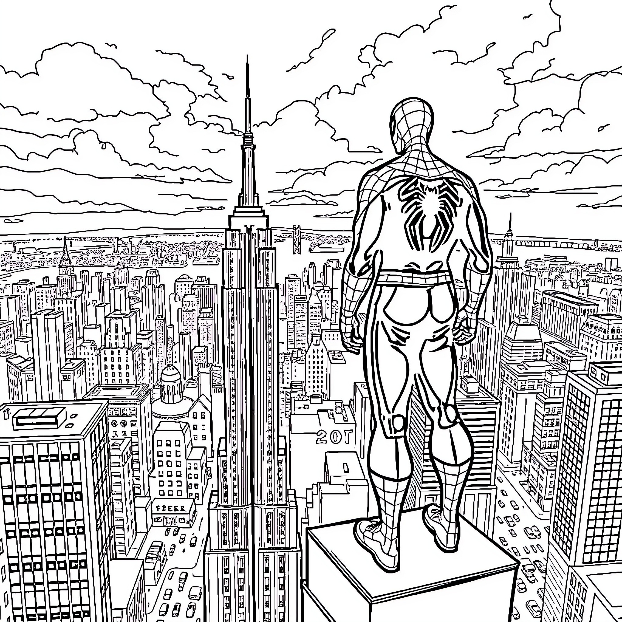 Spider-Man overlooking the city skyline Coloring Page (free black-and-white line drawing printable PDF for all, from beginners to advanced learners, including children, teens, adults, and seniors)