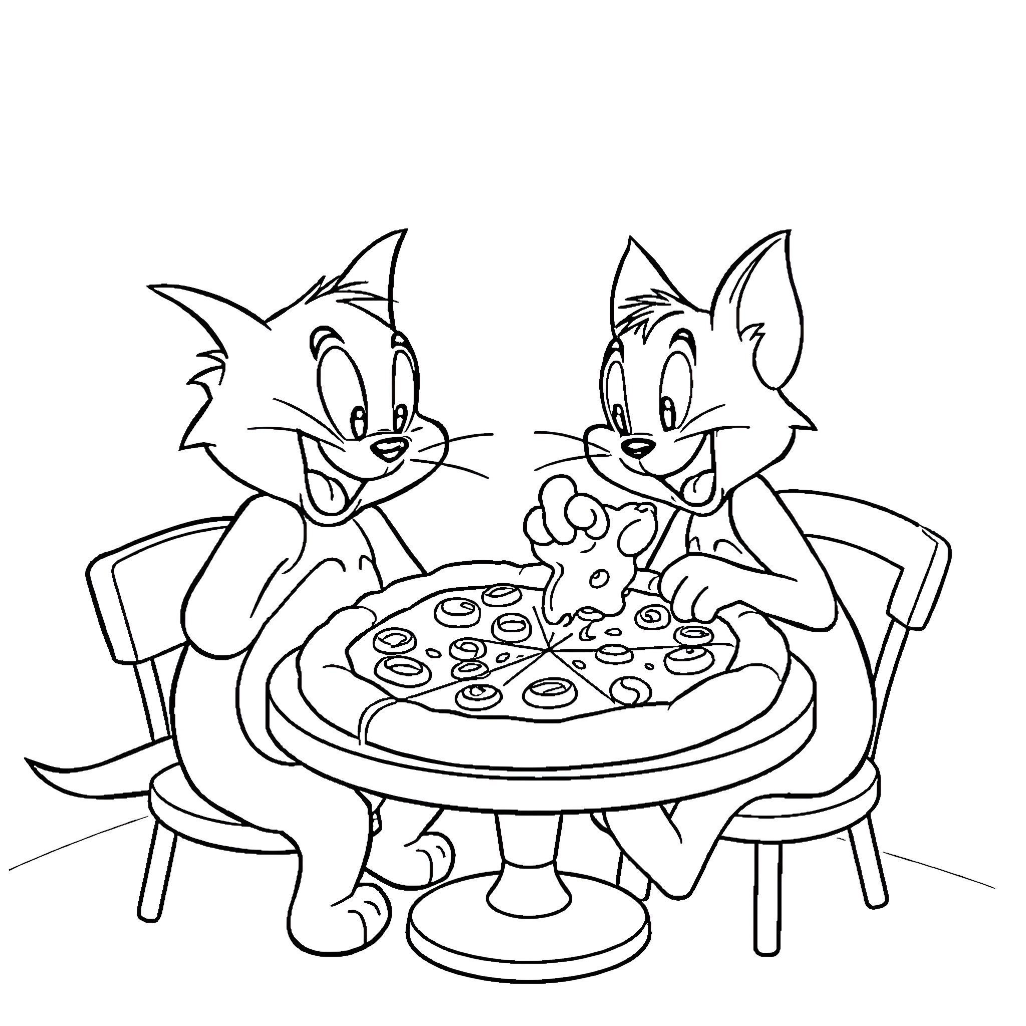 Tom and Jerry enjoying a pizza together Coloring Page (free black-and-white line drawing printable PDF for all, from beginners to advanced learners, including children, teens, adults, and seniors)