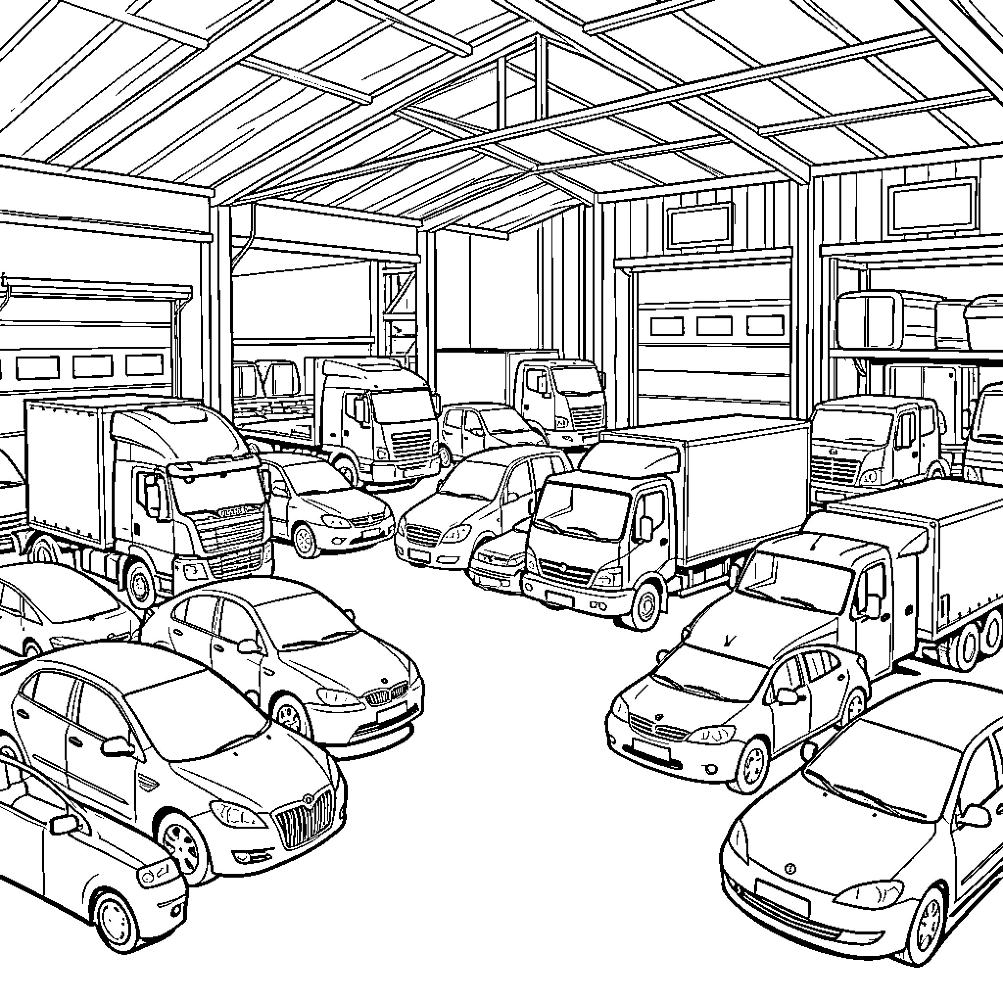 Vehicle parking inside a large storage garage Coloring Page (free black-and-white line drawing printable PDF for all, from beginners to advanced learners, including children, teens, adults, and seniors)