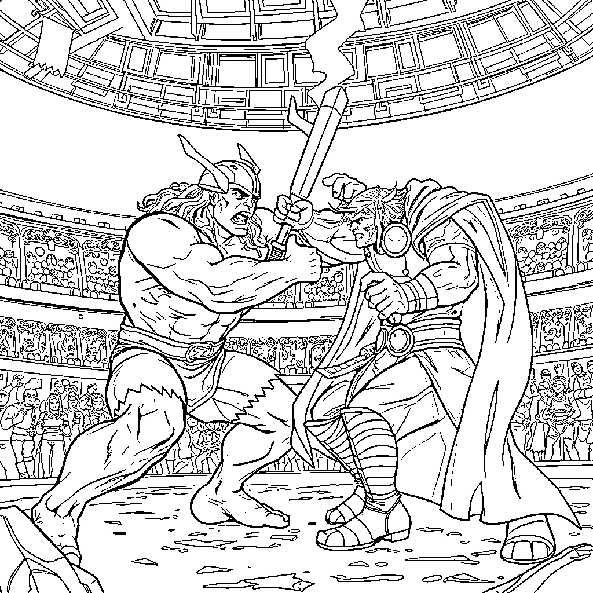 Thor's Mighty Battle in the Colosseum Coloring Page (free black-and-white line drawing printable PDF for all, from beginners to advanced learners, including children, teens, adults, and seniors)