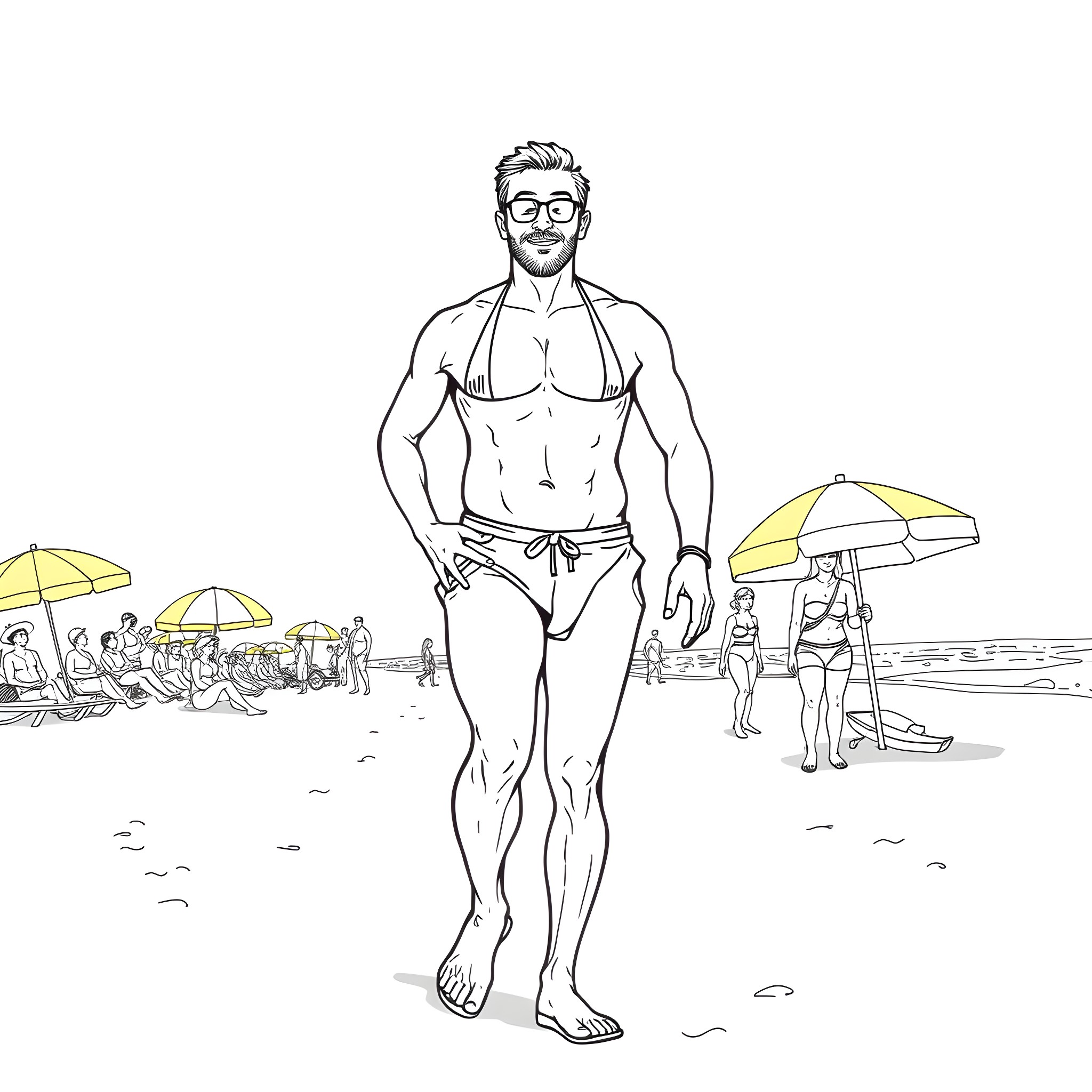 Man posing confidently on the beach Coloring Page (free black-and-white line drawing printable PDF for all, from beginners to advanced learners, including children, teens, adults, and seniors)